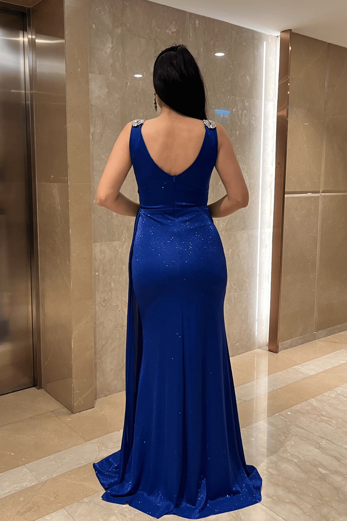 Pırıltılı Kumaş Taş Detaylı Abiye Elbise - SAKS MAVİ