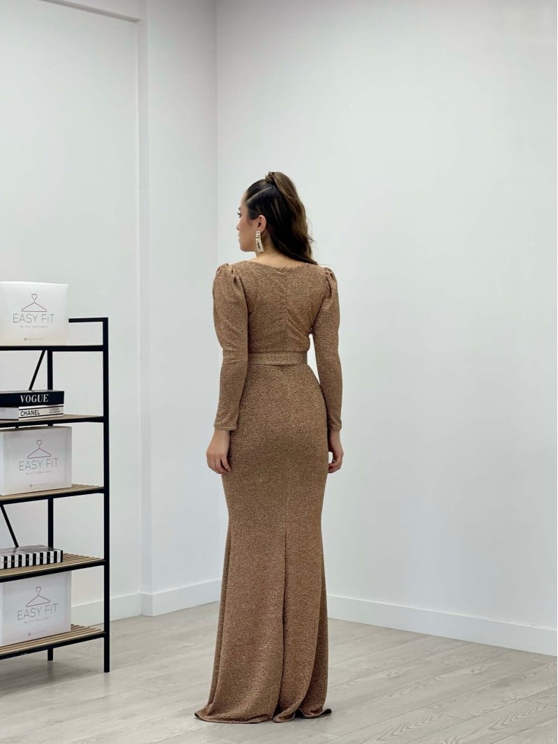 Pırıltılı Kumaş V Yaka Balık Elbise - GOLD