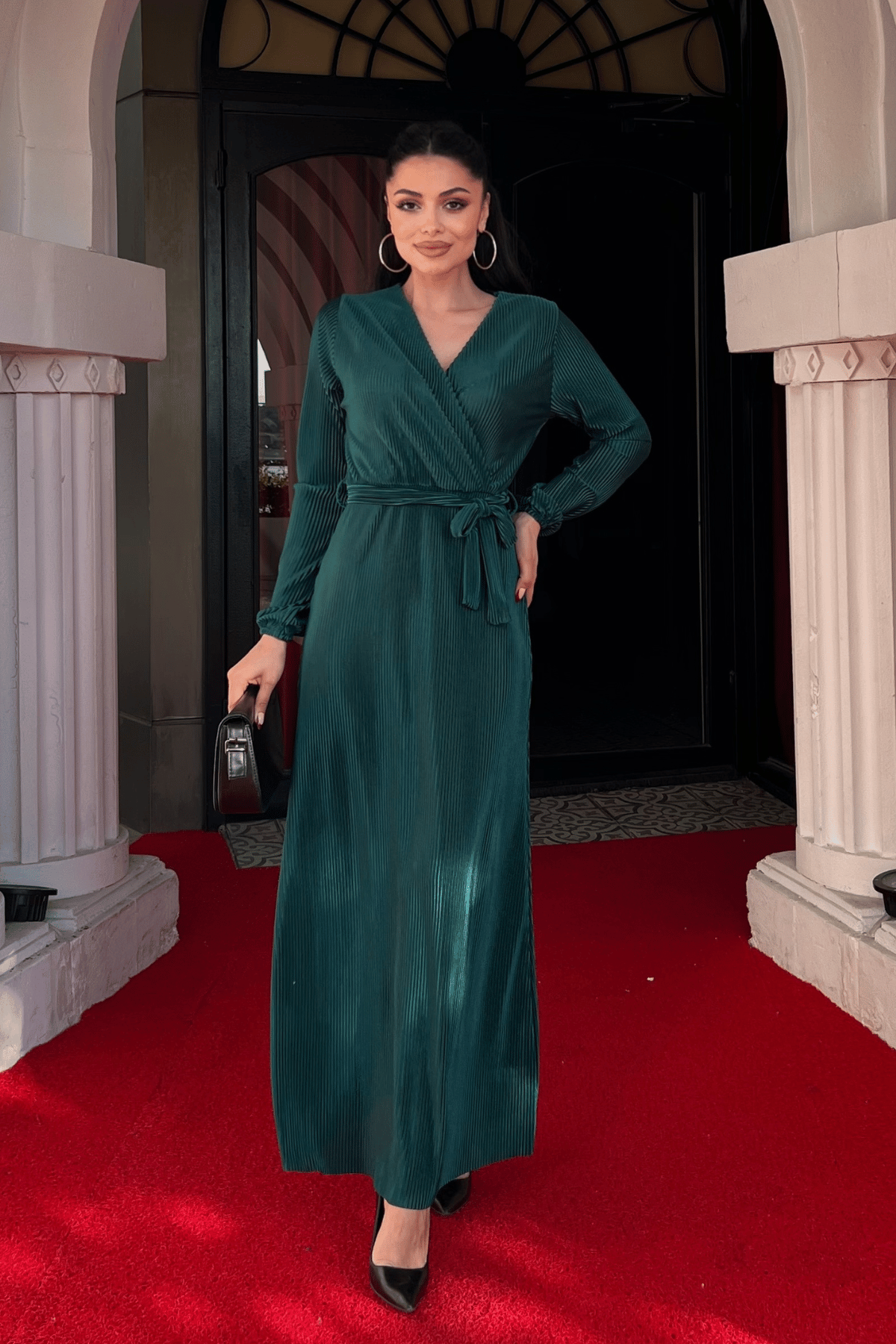 Pliseli Kuşaklı Elbise - ZÜMRÜT YEŞİL