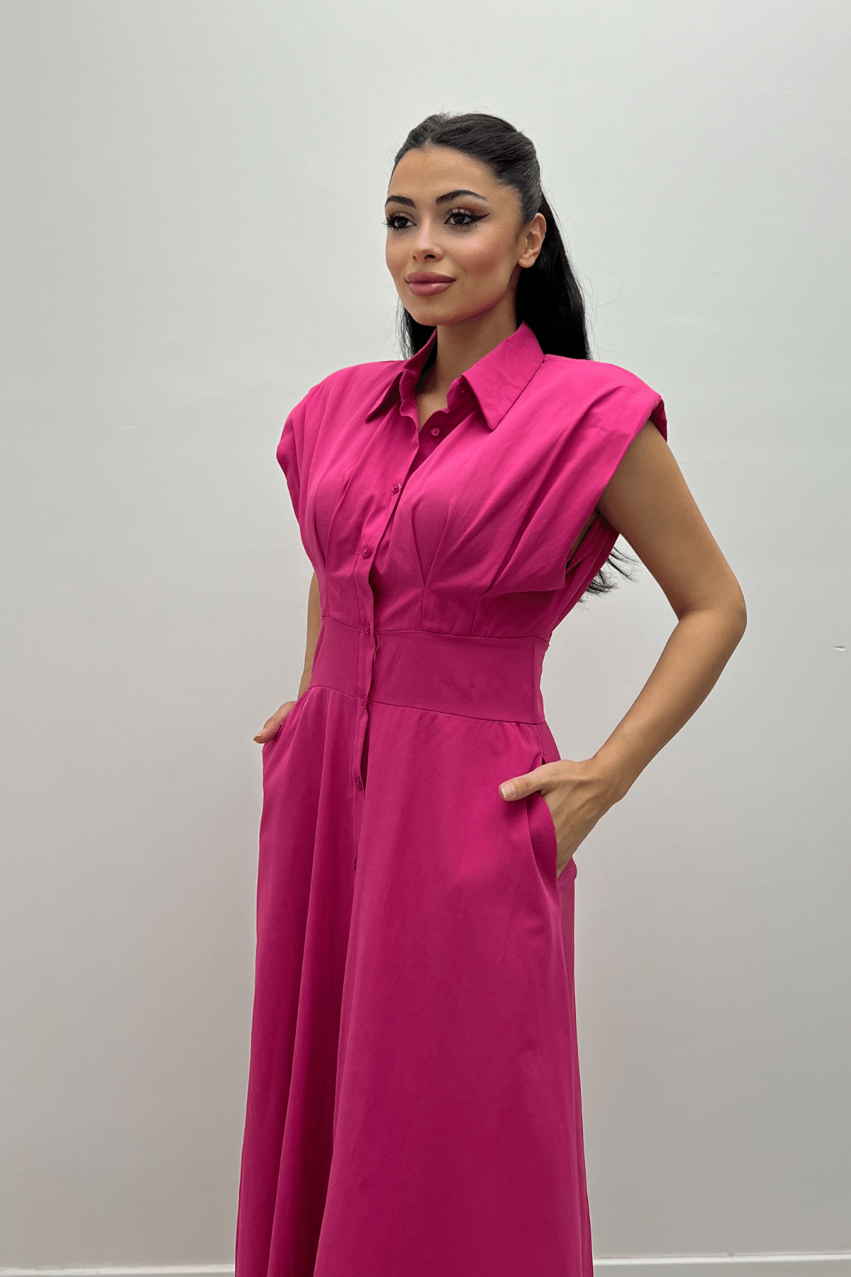Poplin Kumaş Düğme Detaylı Elbise - FUŞYA