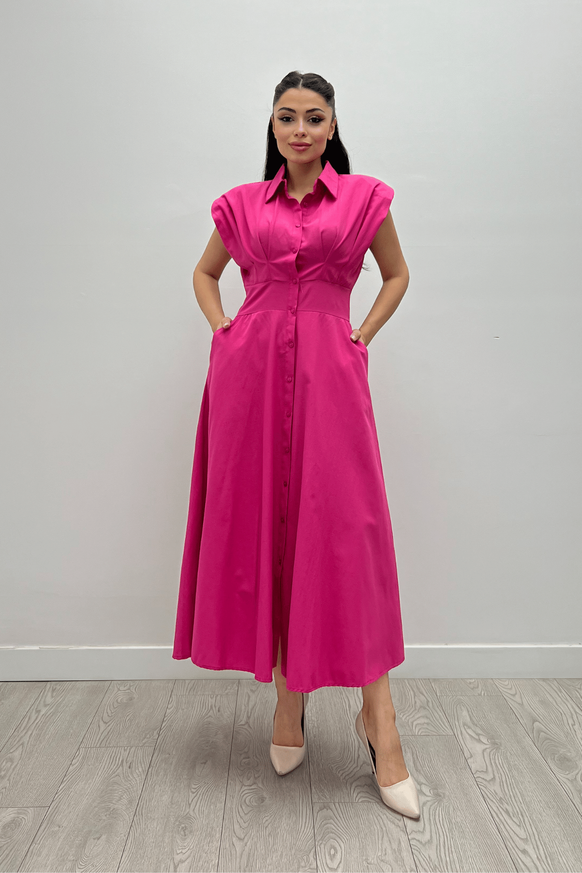 Poplin Kumaş Düğme Detaylı Elbise - FUŞYA