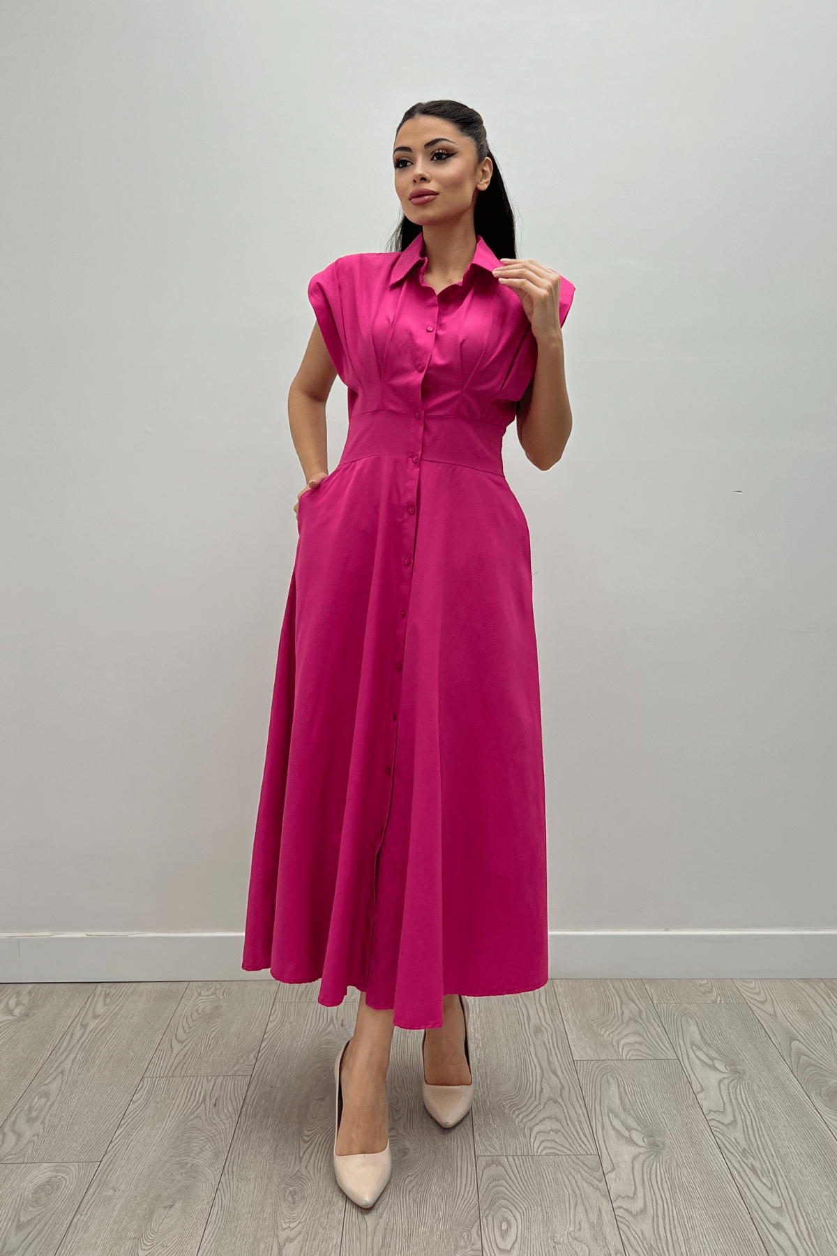 Poplin Kumaş Düğme Detaylı Elbise - FUŞYA