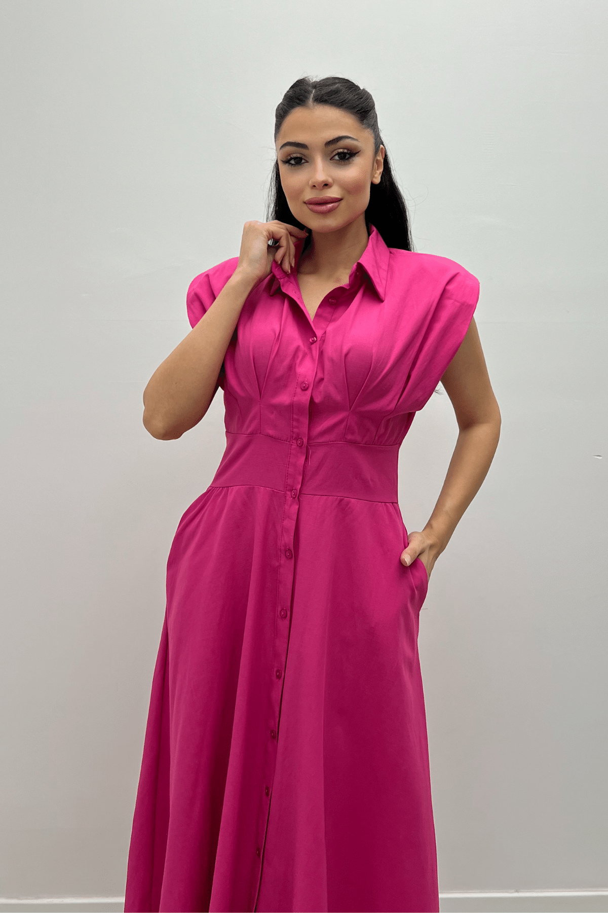 Poplin Kumaş Düğme Detaylı Elbise - FUŞYA