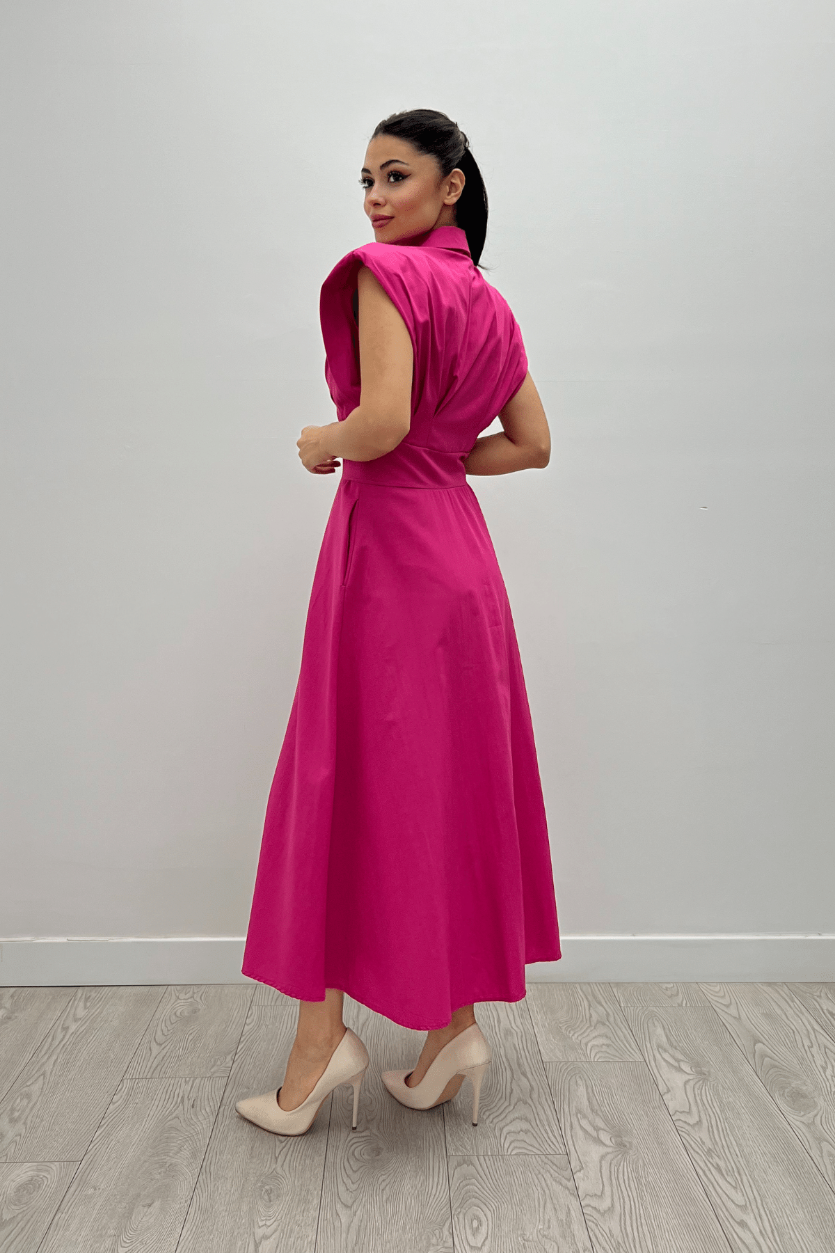Poplin Kumaş Düğme Detaylı Elbise - FUŞYA