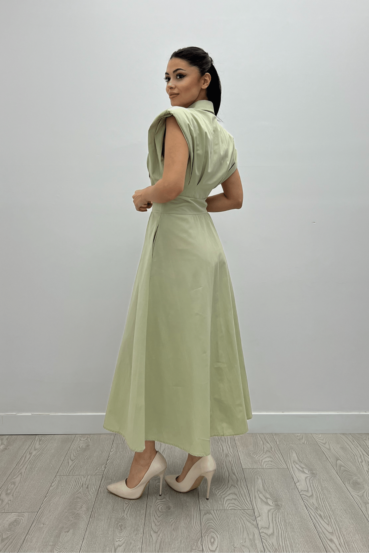 Poplin Kumaş Düğme Detaylı Elbise - YEŞİL
