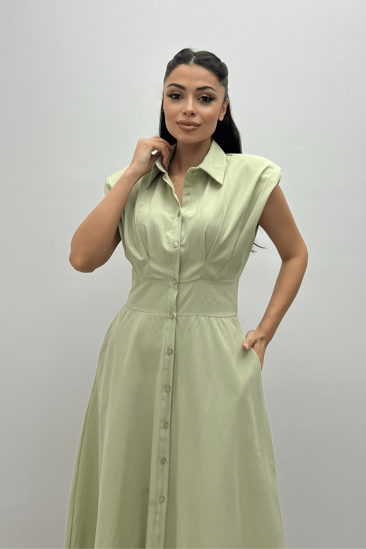 Poplin Kumaş Düğme Detaylı Elbise - YEŞİL
