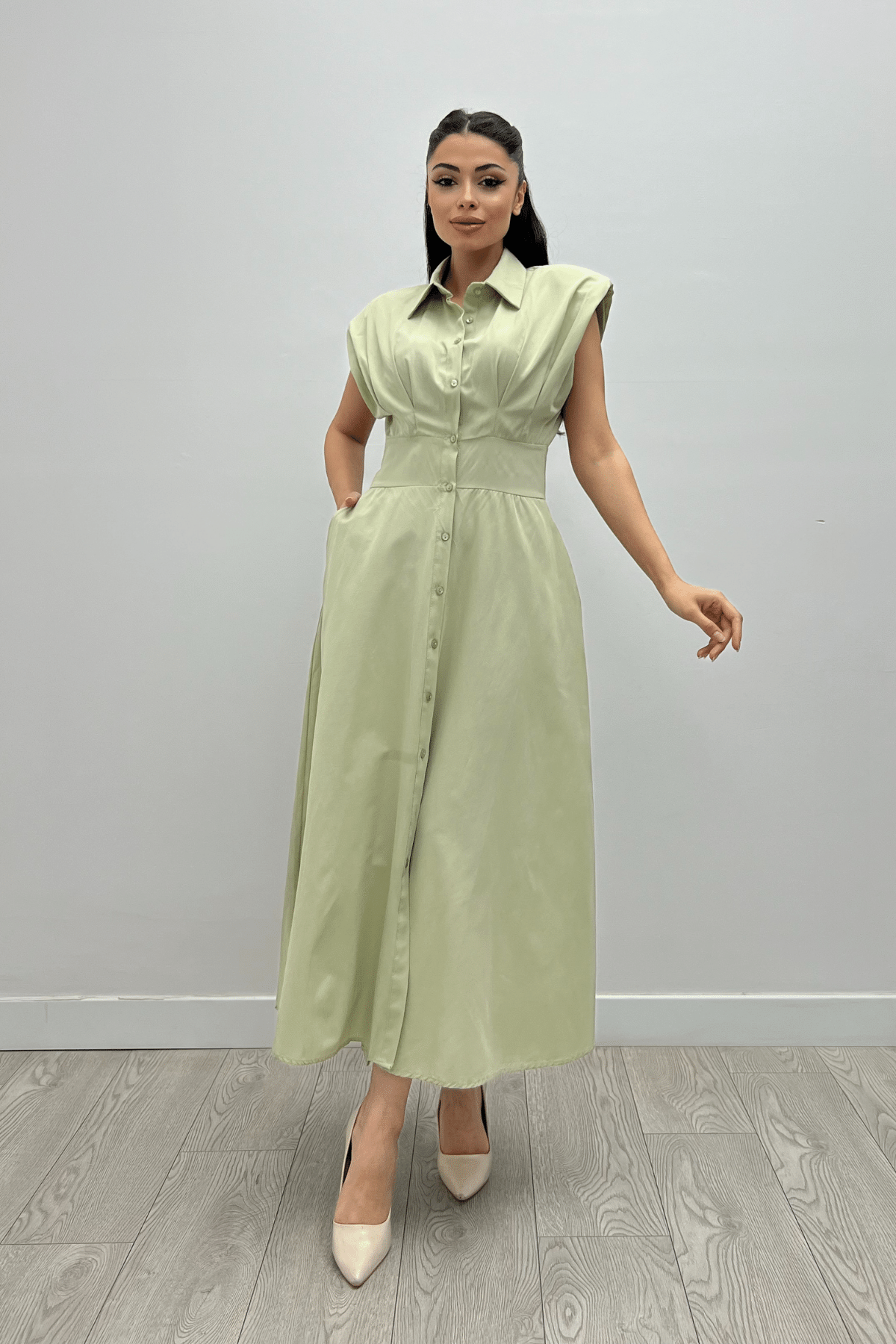 Poplin Kumaş Düğme Detaylı Elbise - YEŞİL