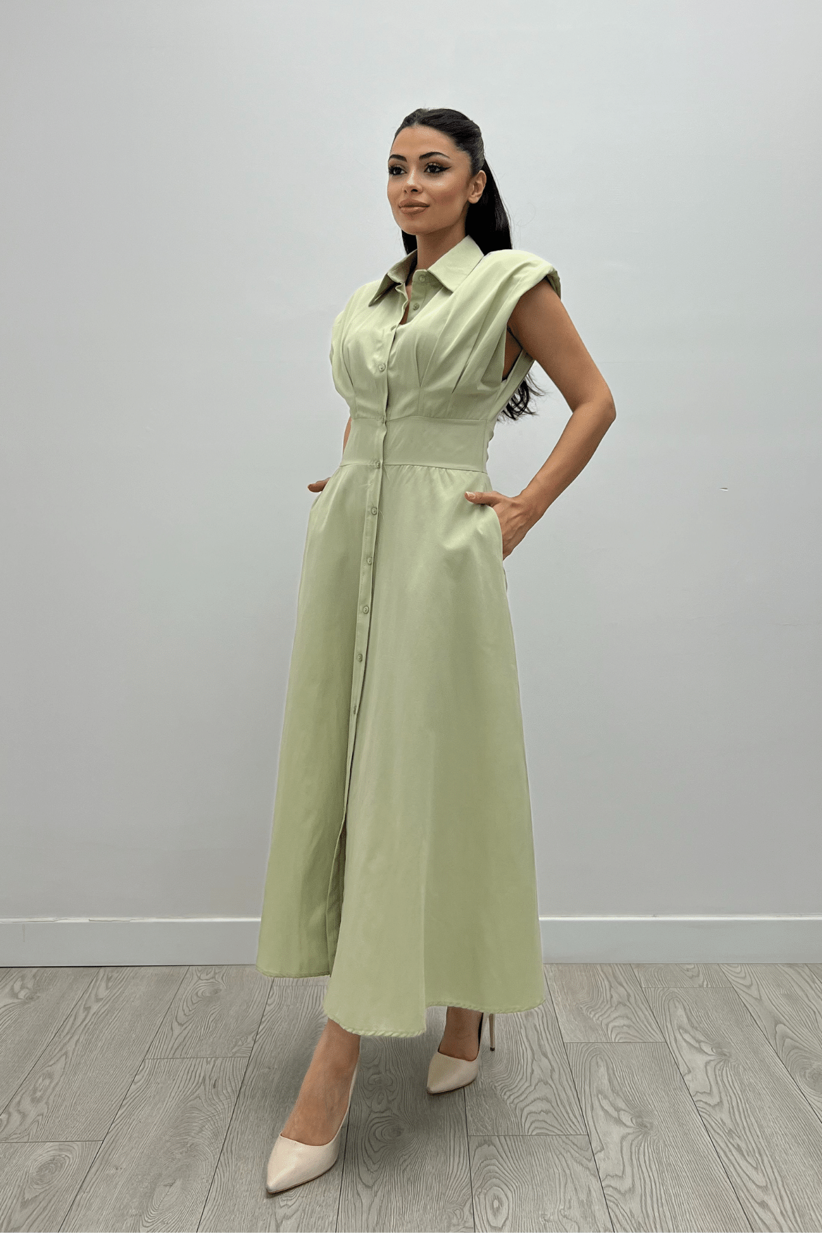 Poplin Kumaş Düğme Detaylı Elbise - YEŞİL