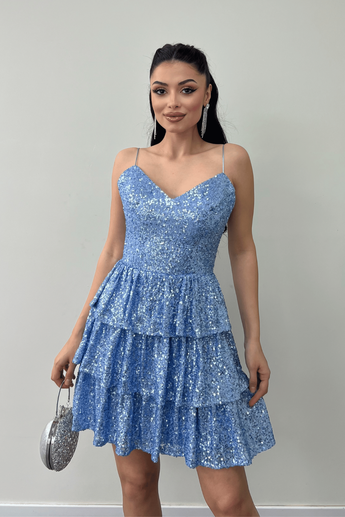 Pul Payet Kat Kat Mini Elbise - İNDİGO MAVİ