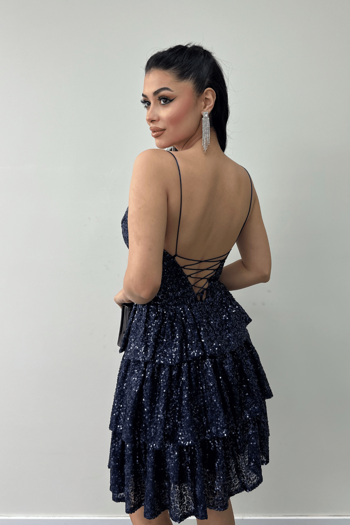 Pul Payet Kat Kat Mini Elbise - LACİVERT