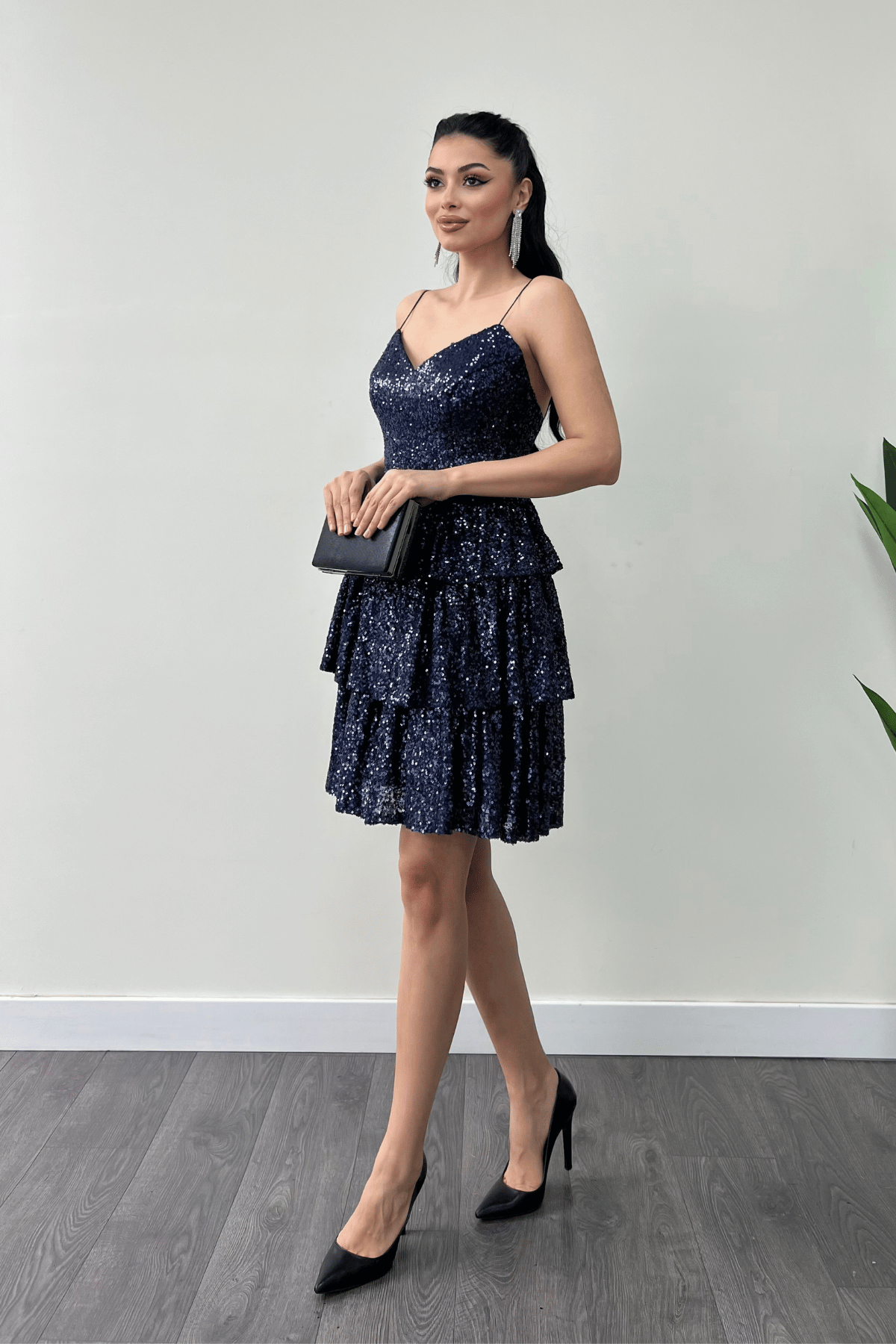 Pul Payet Kat Kat Mini Elbise - LACİVERT