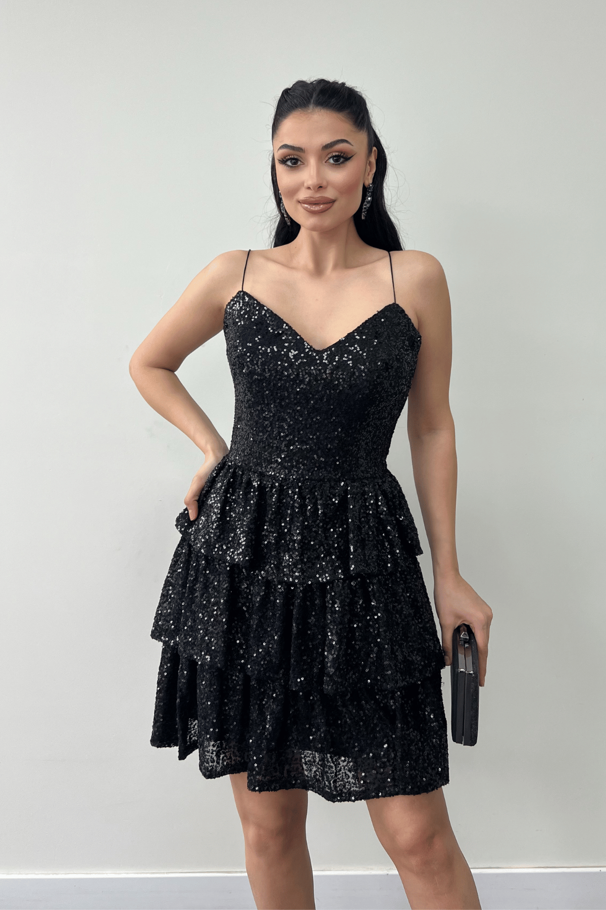 Pul Payet Kat Kat Mini Elbise - SİYAH