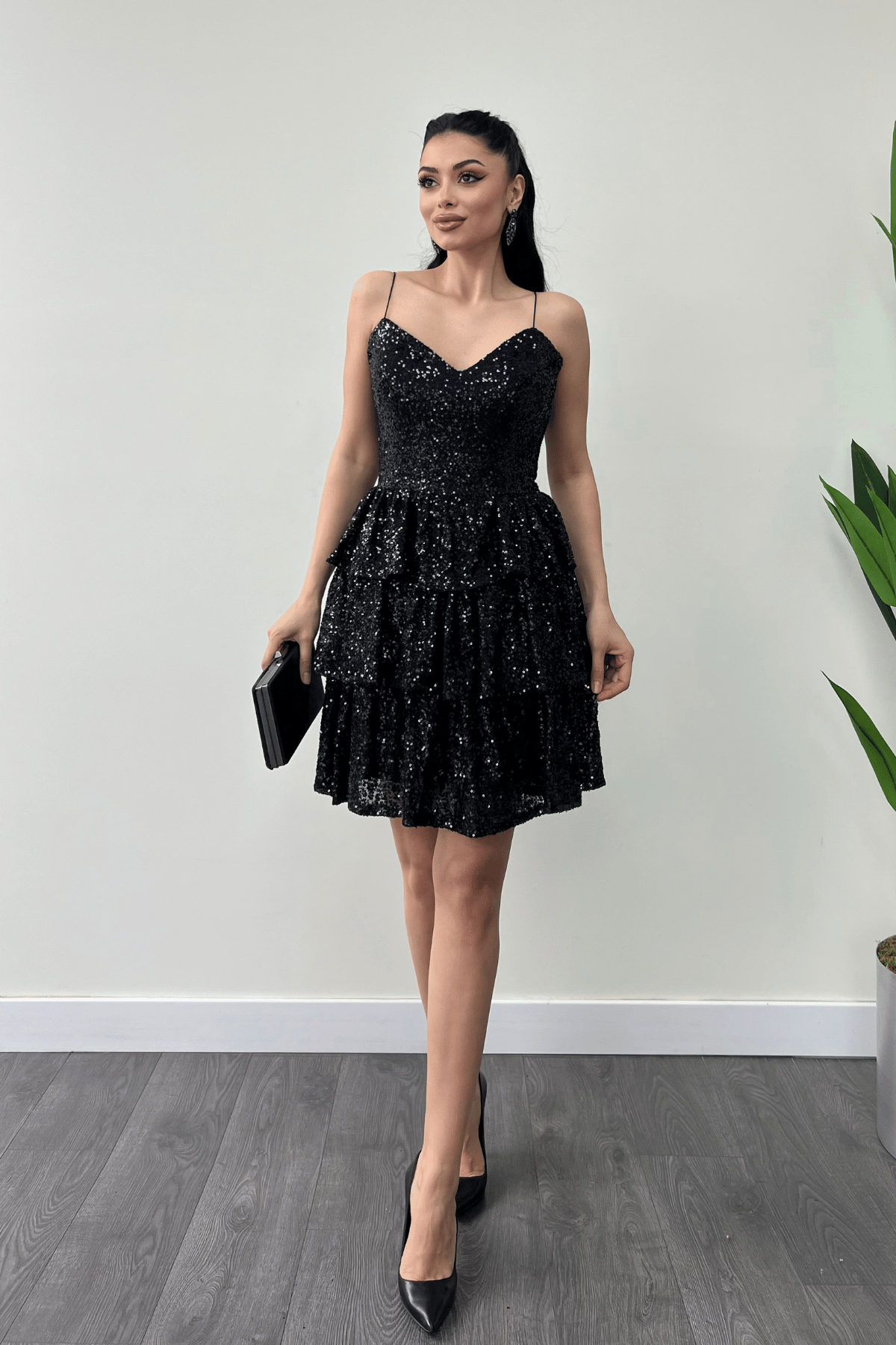 Pul Payet Kat Kat Mini Elbise - SİYAH