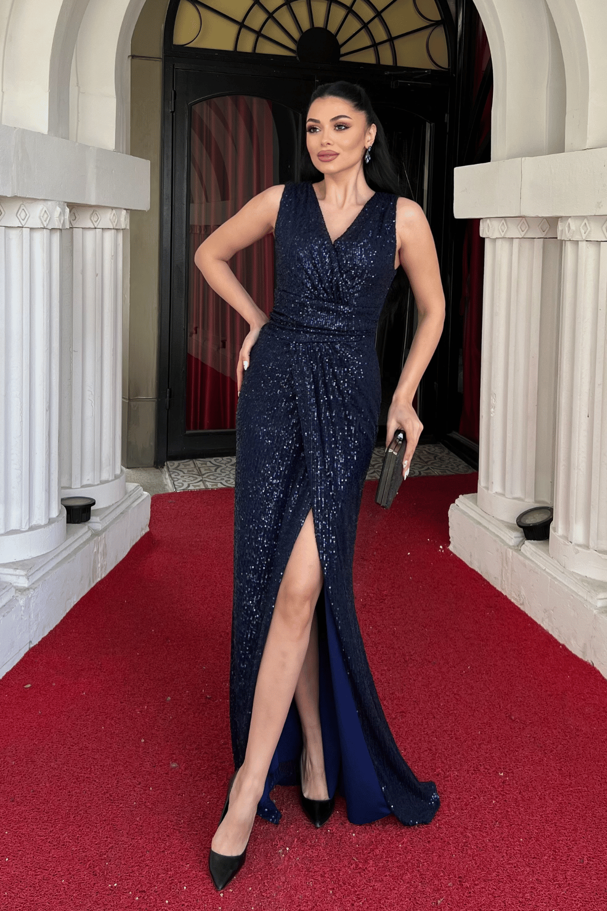 Pul Payet Kumaş Balık Abiye Elbise - LACİVERT