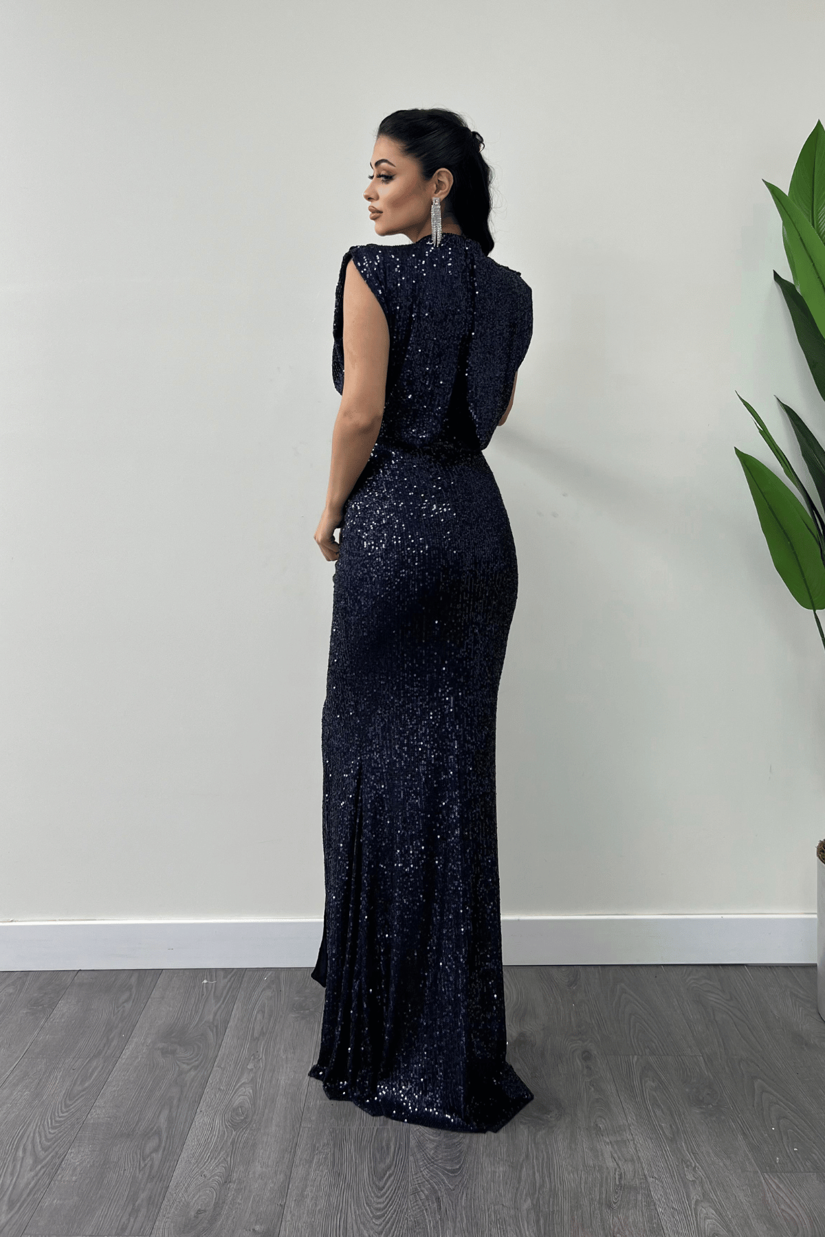 Pul Payet Kumaş Büzgü Detaylı Abiye Elbise - LACİVERT