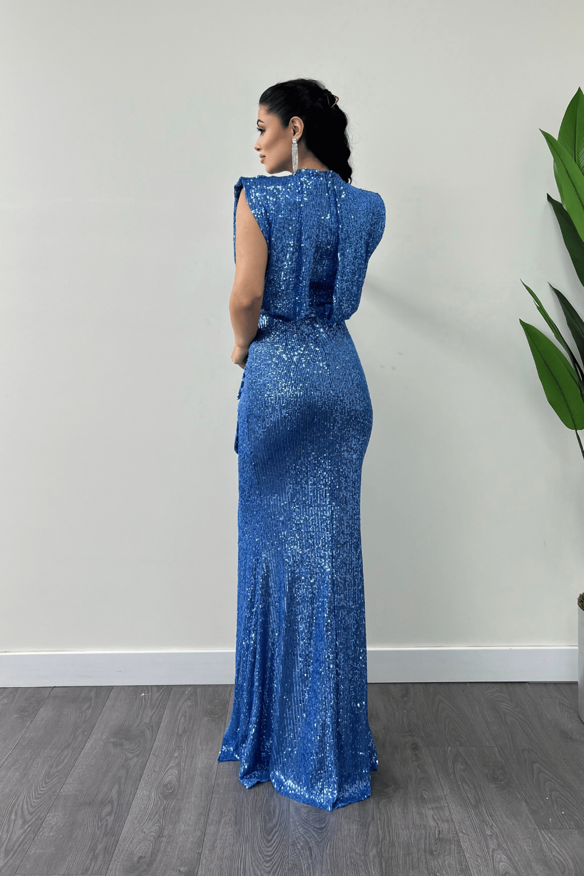 Pul Payet Kumaş Büzgü Detaylı Abiye Elbise - İNDİGO MAVİ