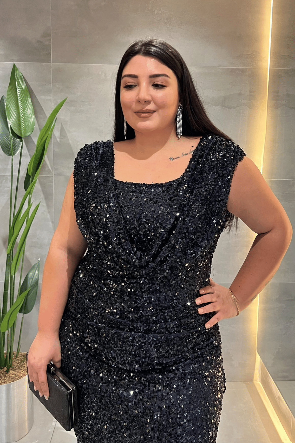 Pul Payet Kumaş Degaje Yaka Abiye Elbise - LACİVERT