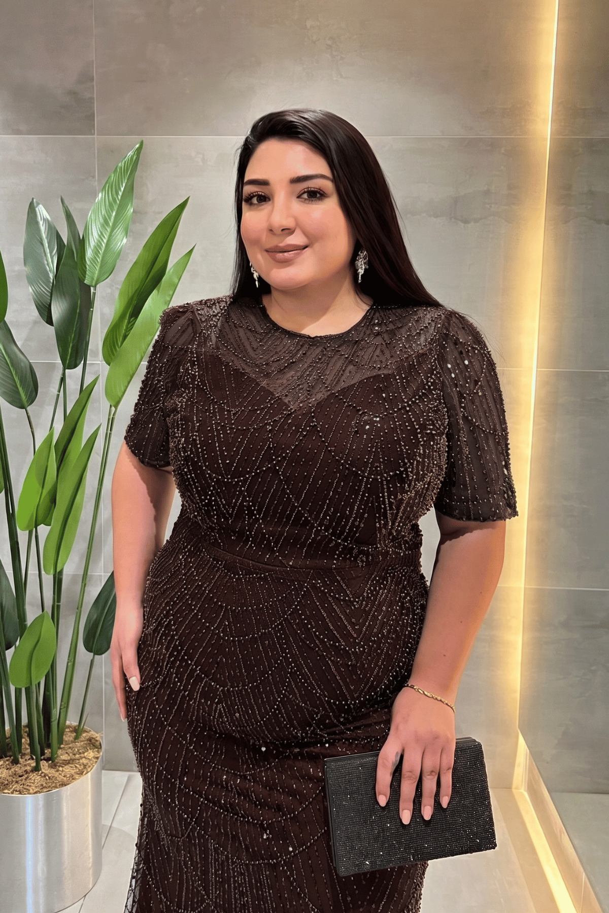 Pul Payet Kumaş Degaje Yaka Abiye Elbise - KAHVERENGİ