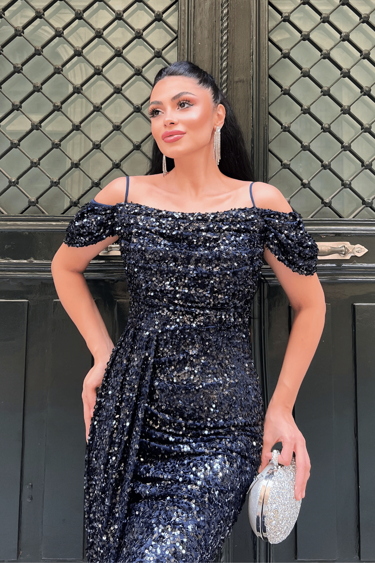 Pul Payet Kumaş Degaje Yaka Abiye Elbise - LACİVERT