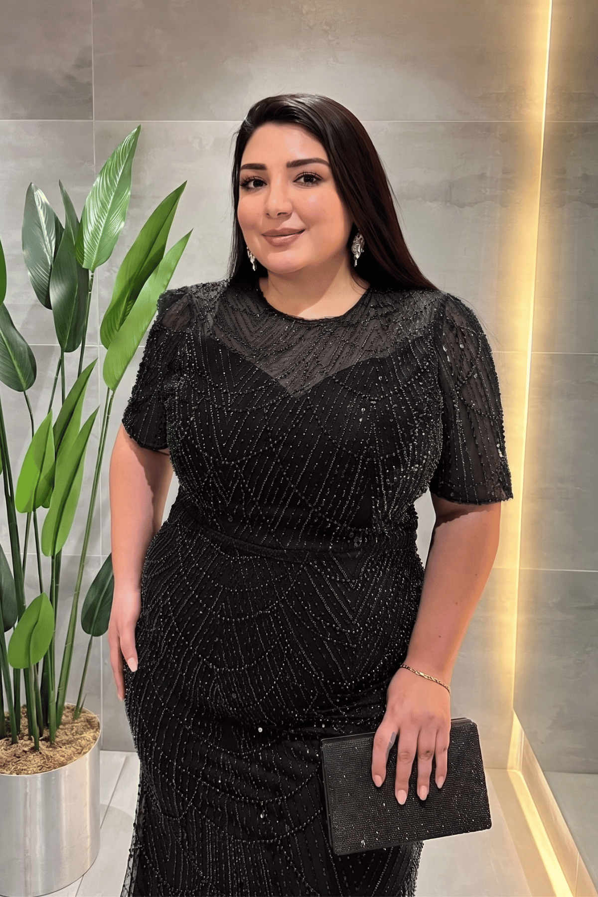 Pul Payet Kumaş Degaje Yaka Abiye Elbise - SİYAH