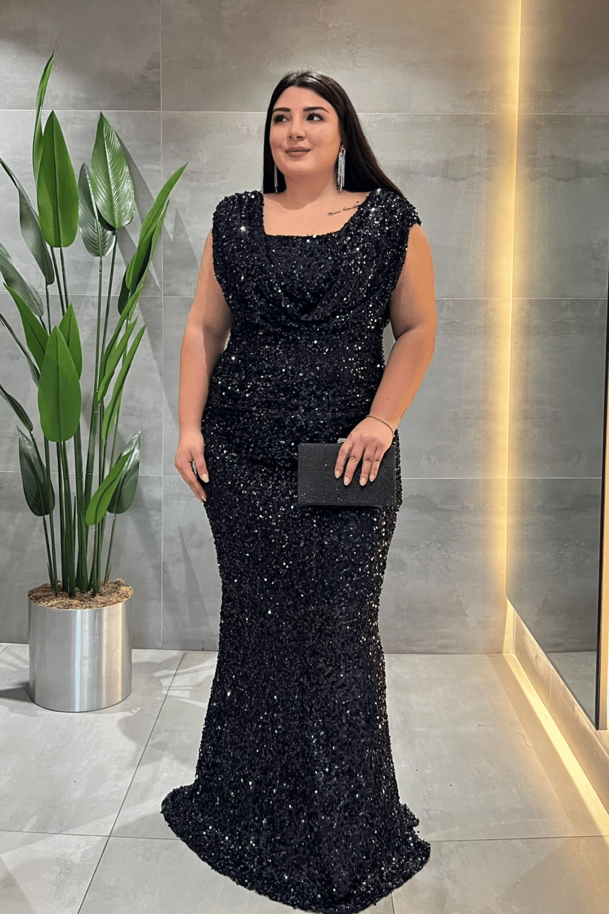 Pul Payet Kumaş Degaje Yaka Abiye Elbise - LACİVERT