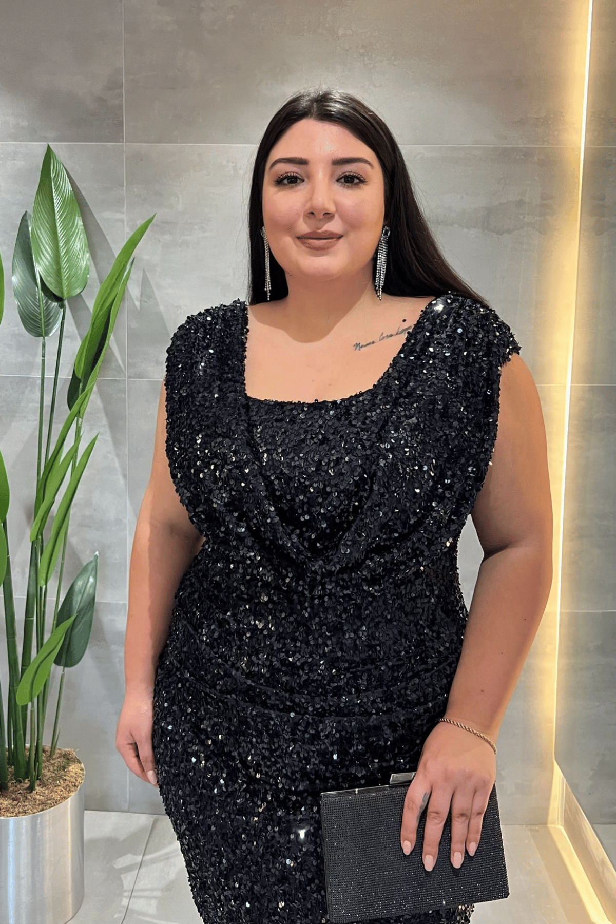 Pul Payet Kumaş Degaje Yaka Abiye Elbise - LACİVERT