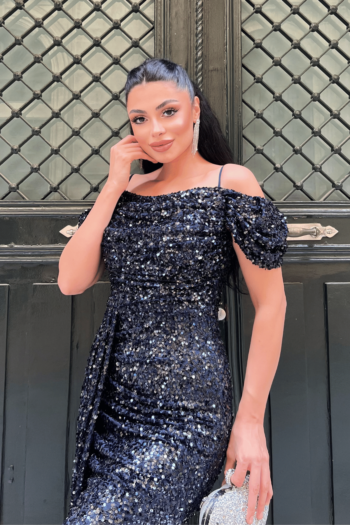 Pul Payet Kumaş Degaje Yaka Abiye Elbise - LACİVERT