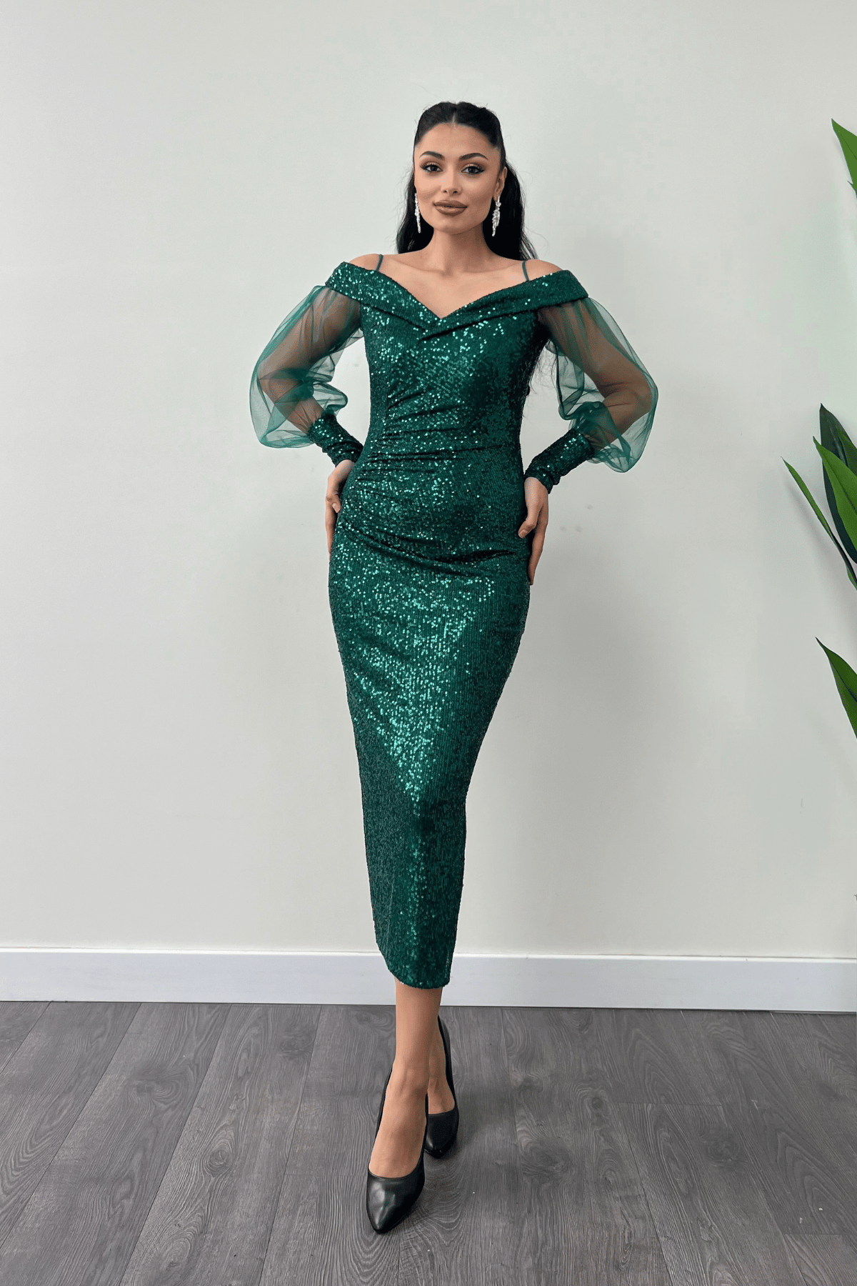 Pul Payet Kumaş Kayık Yaka Kalem Elbise - ZÜMRÜT YEŞİL