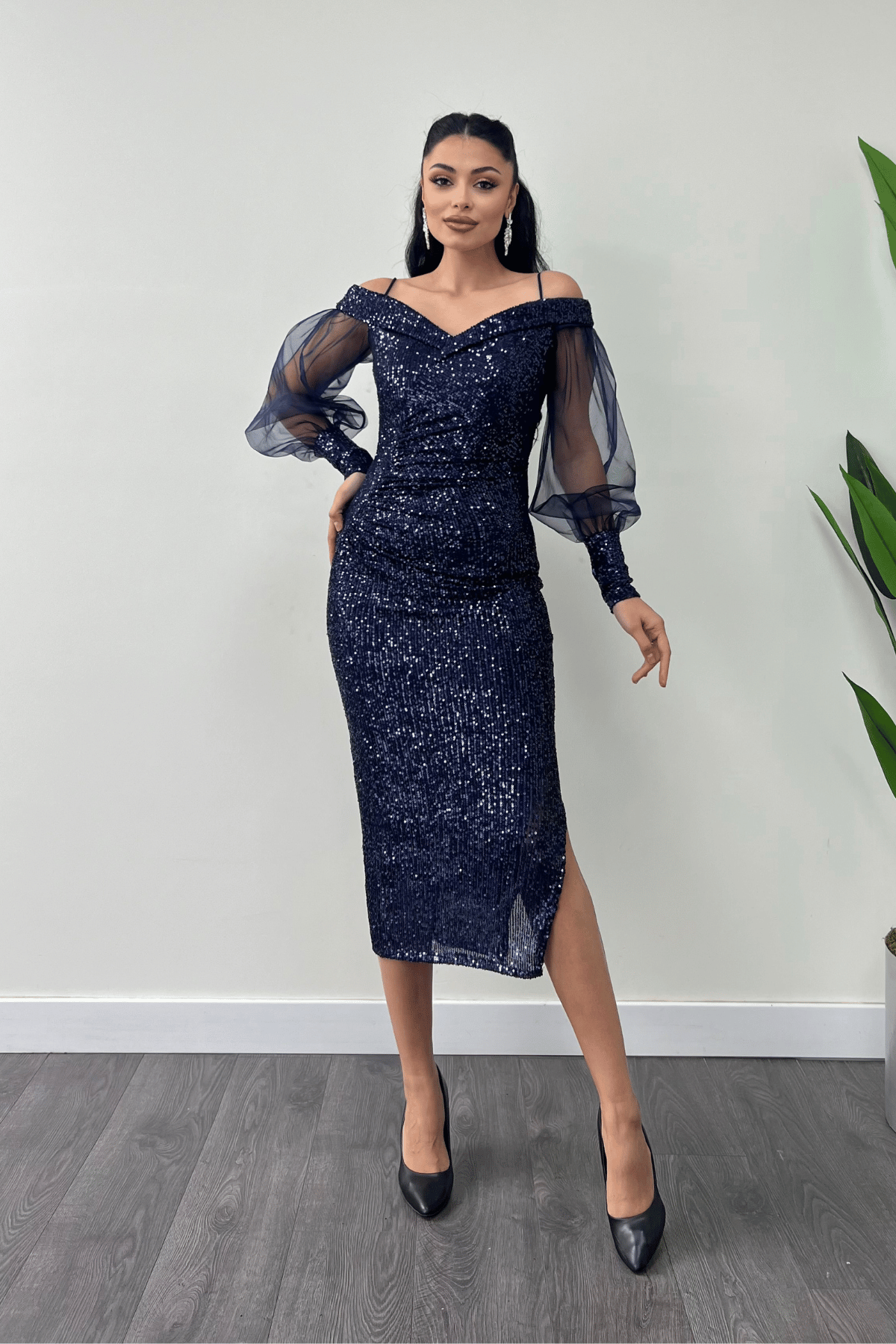 Pul Payet Kumaş Kayık Yaka Kalem Elbise - LACİVERT