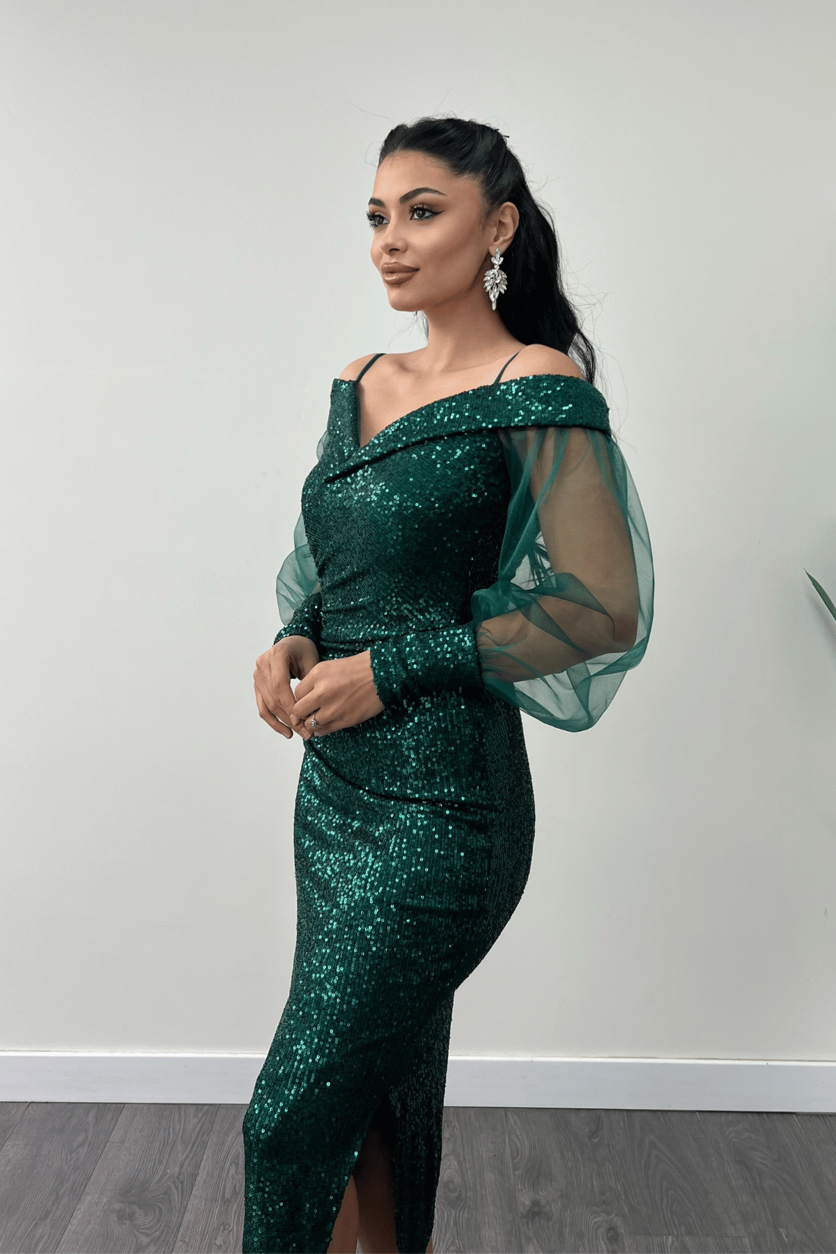 Pul Payet Kumaş Kayık Yaka Kalem Elbise - ZÜMRÜT YEŞİL