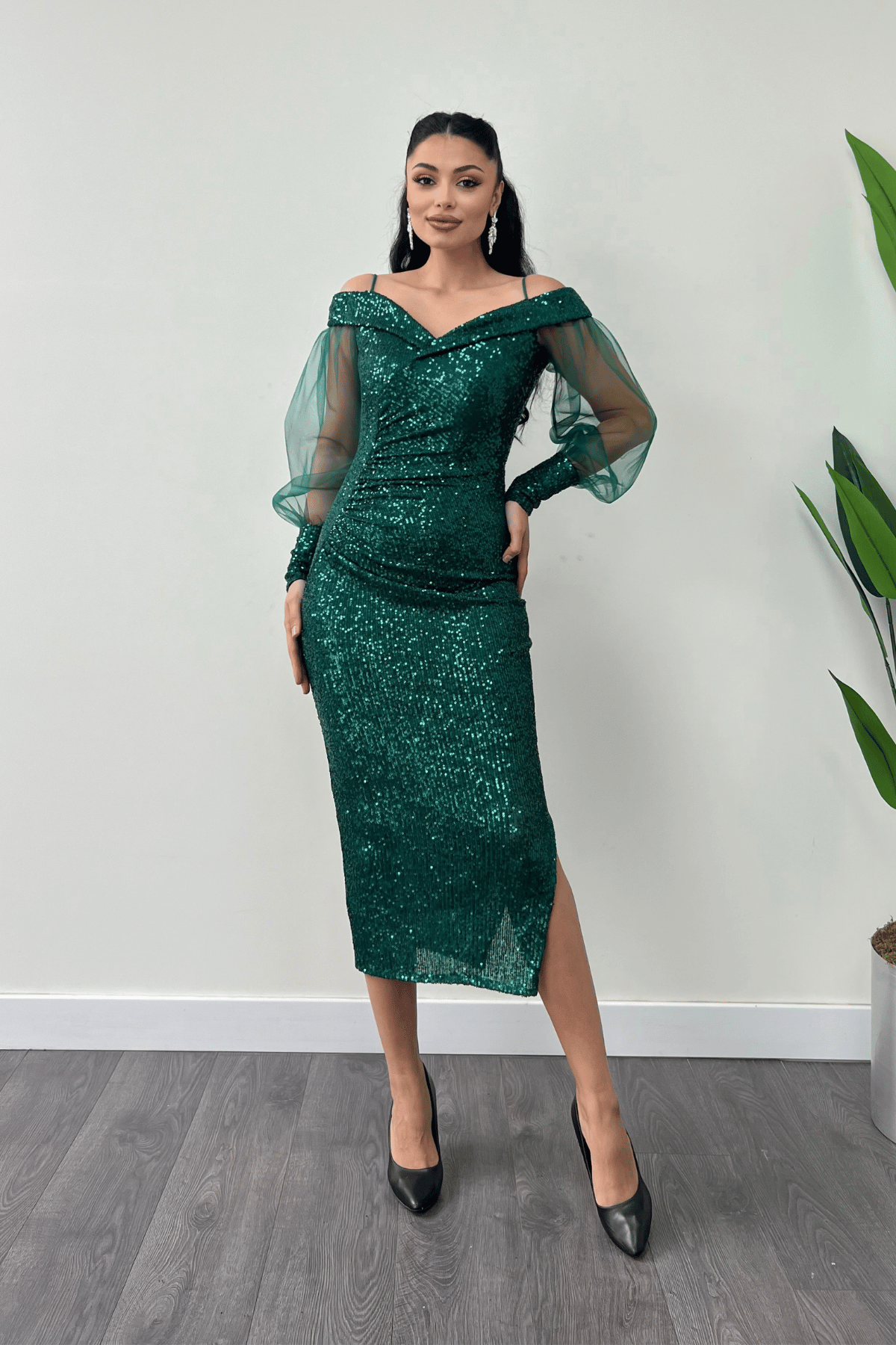 Pul Payet Kumaş Kayık Yaka Kalem Elbise - ZÜMRÜT YEŞİL