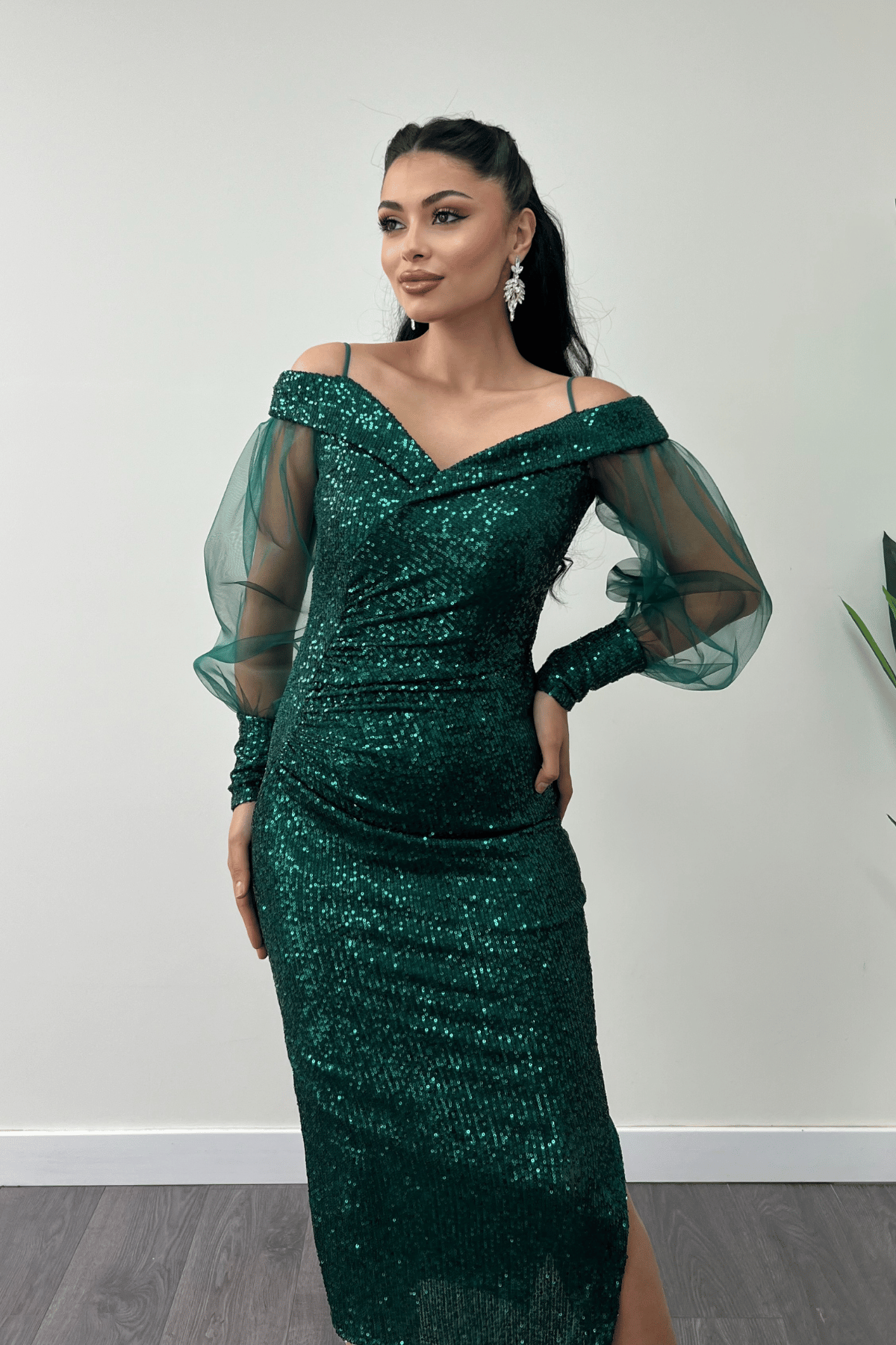 Pul Payet Kumaş Kayık Yaka Kalem Elbise - ZÜMRÜT YEŞİL