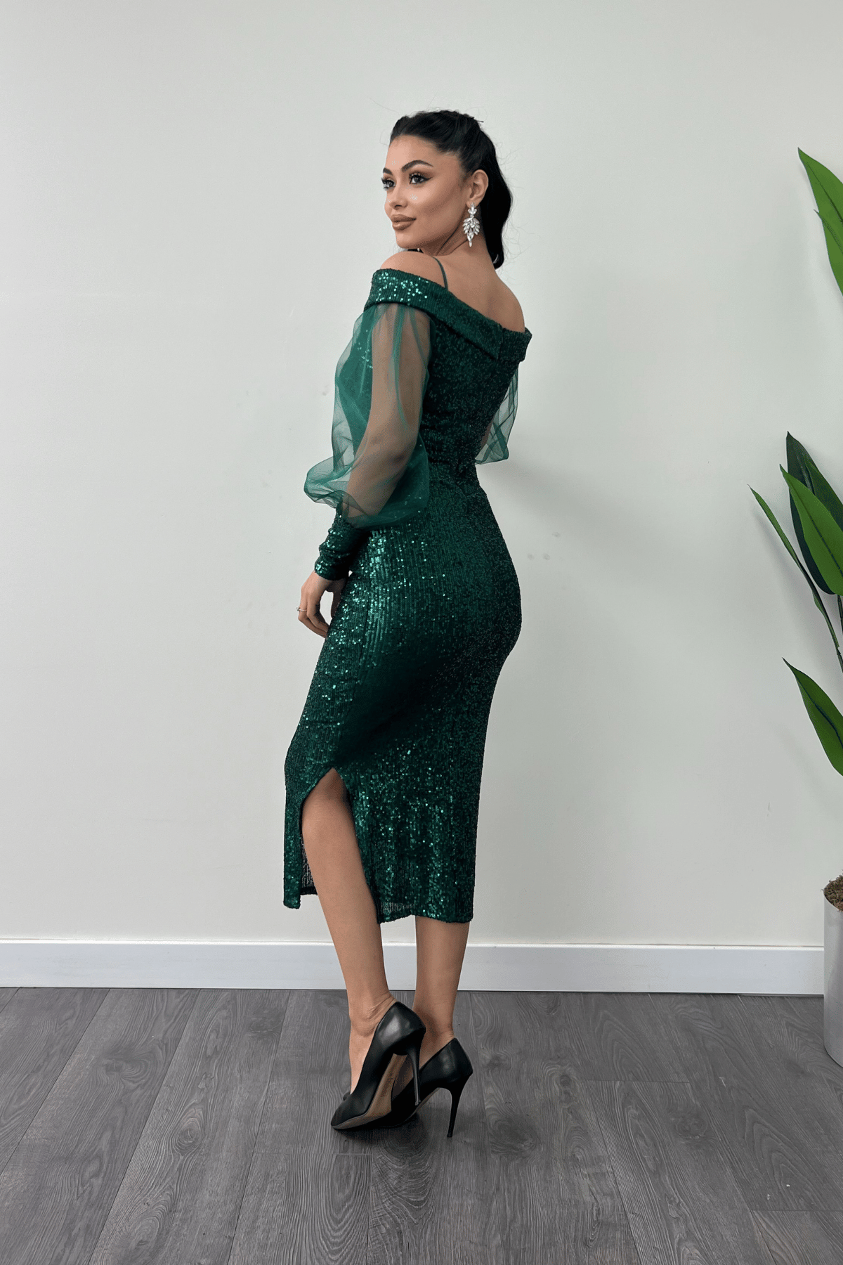 Pul Payet Kumaş Kayık Yaka Kalem Elbise - ZÜMRÜT YEŞİL