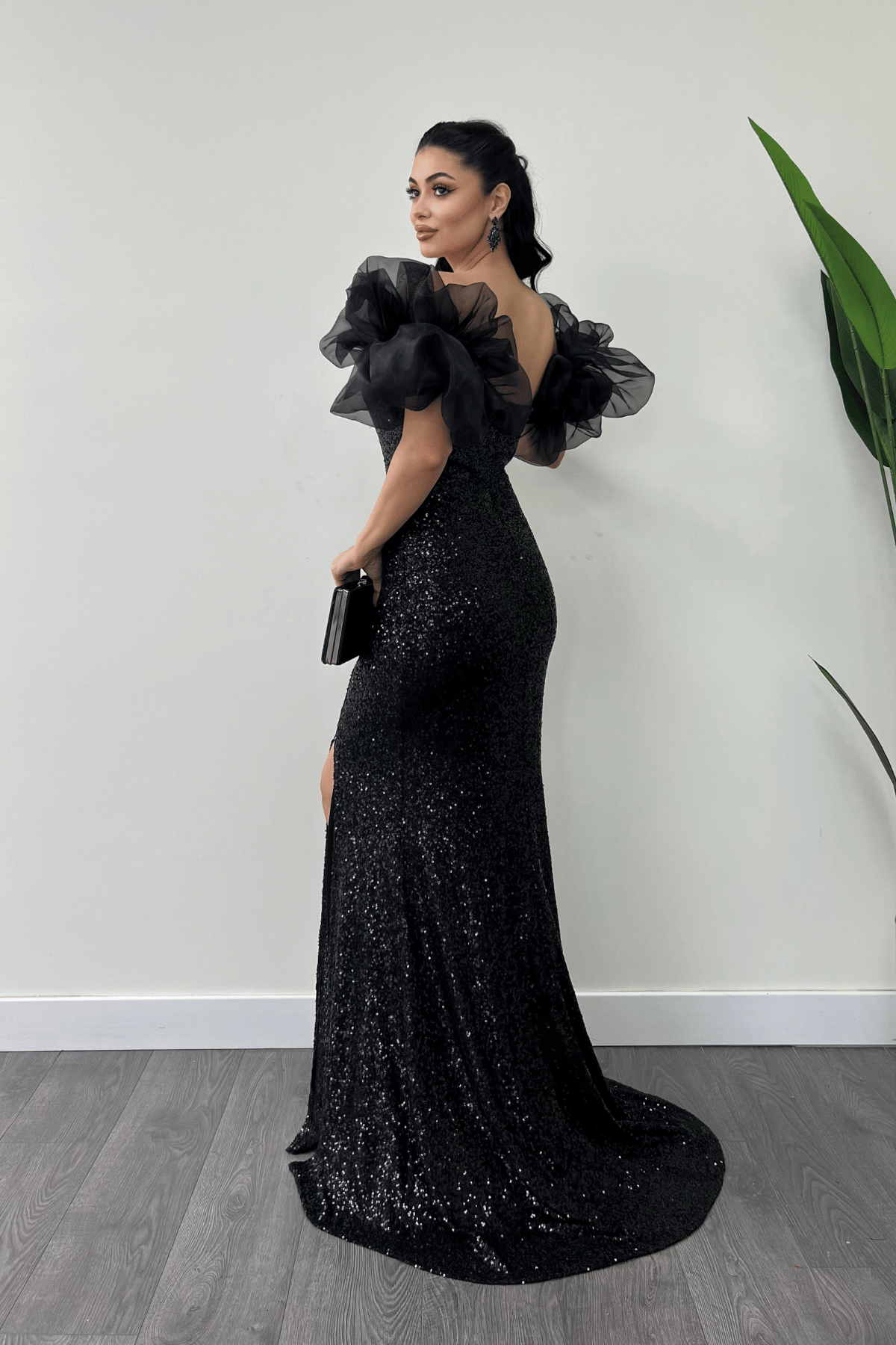 Pul Payet Kumaş Kol Detaylı Abiye Elbise - SİYAH