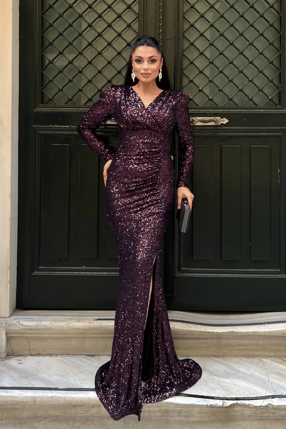 Pul Payet Kumaş Kruvaze Yaka Balık Elbise - PATLICAN MOR