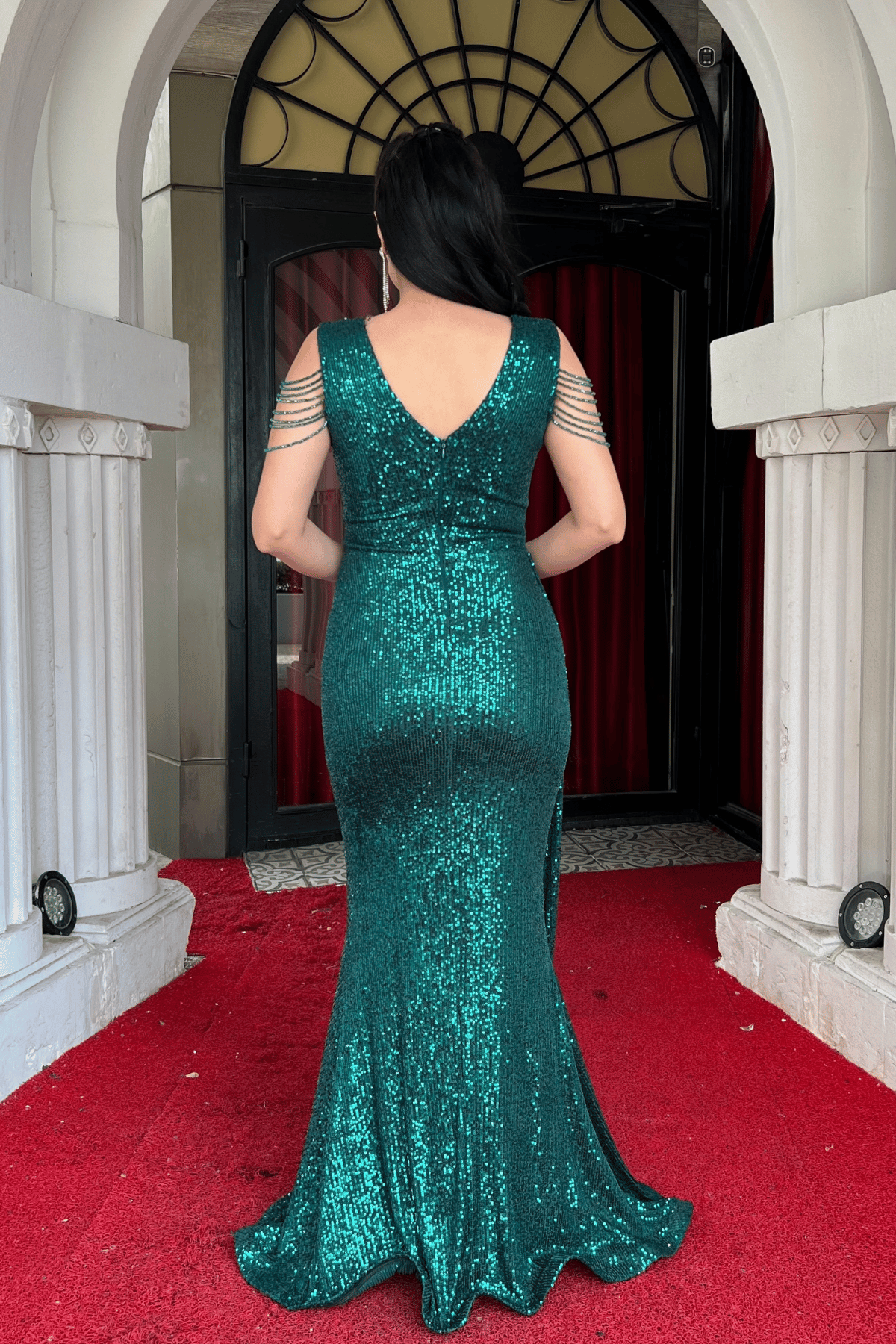 Pul Payet Kumaş Omuz Püskül Boncuk Balık Elbise - ZÜMRÜT YEŞİL