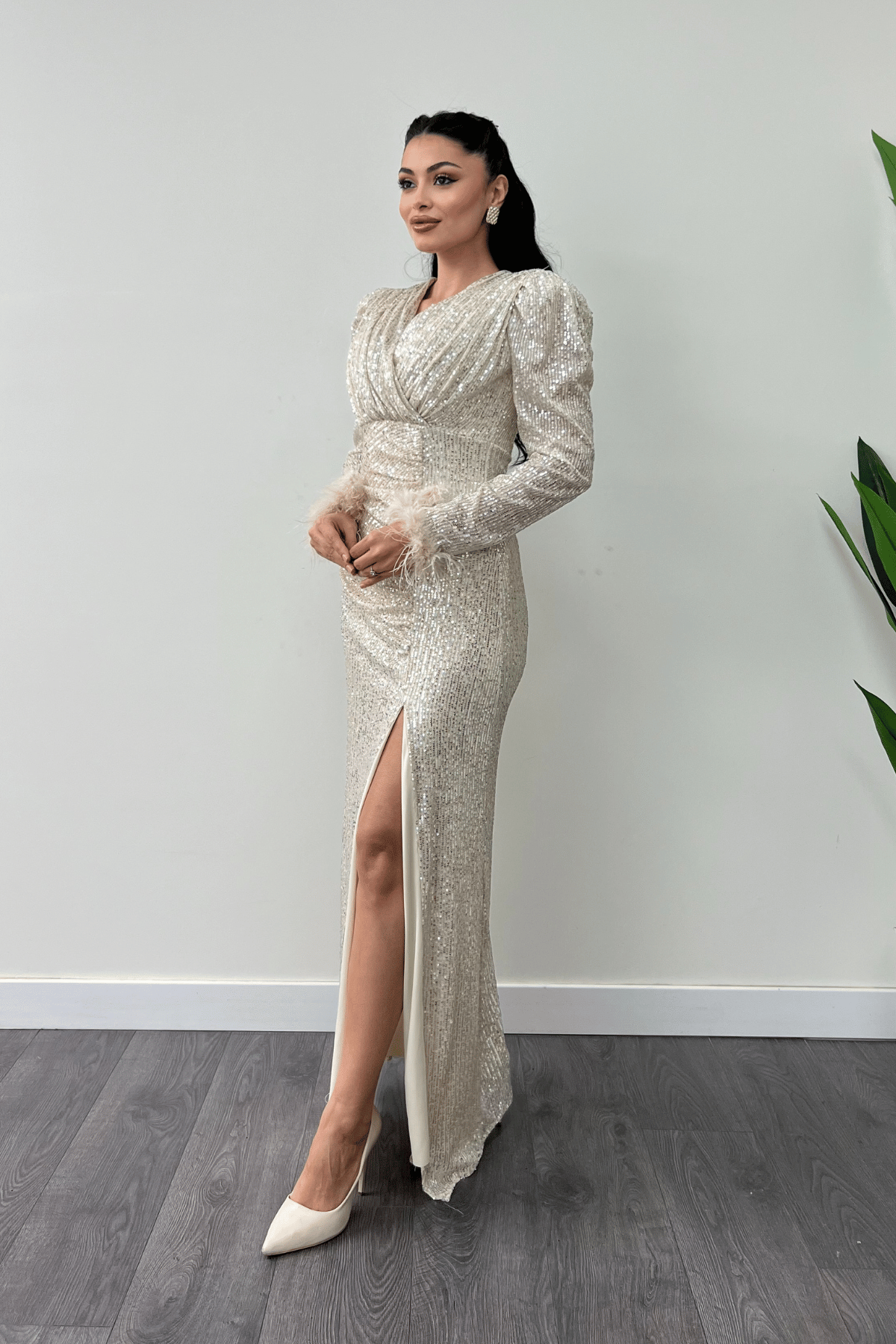 Pul Payet Kumaş Otriş Detaylı Abiye Elbise - GOLD