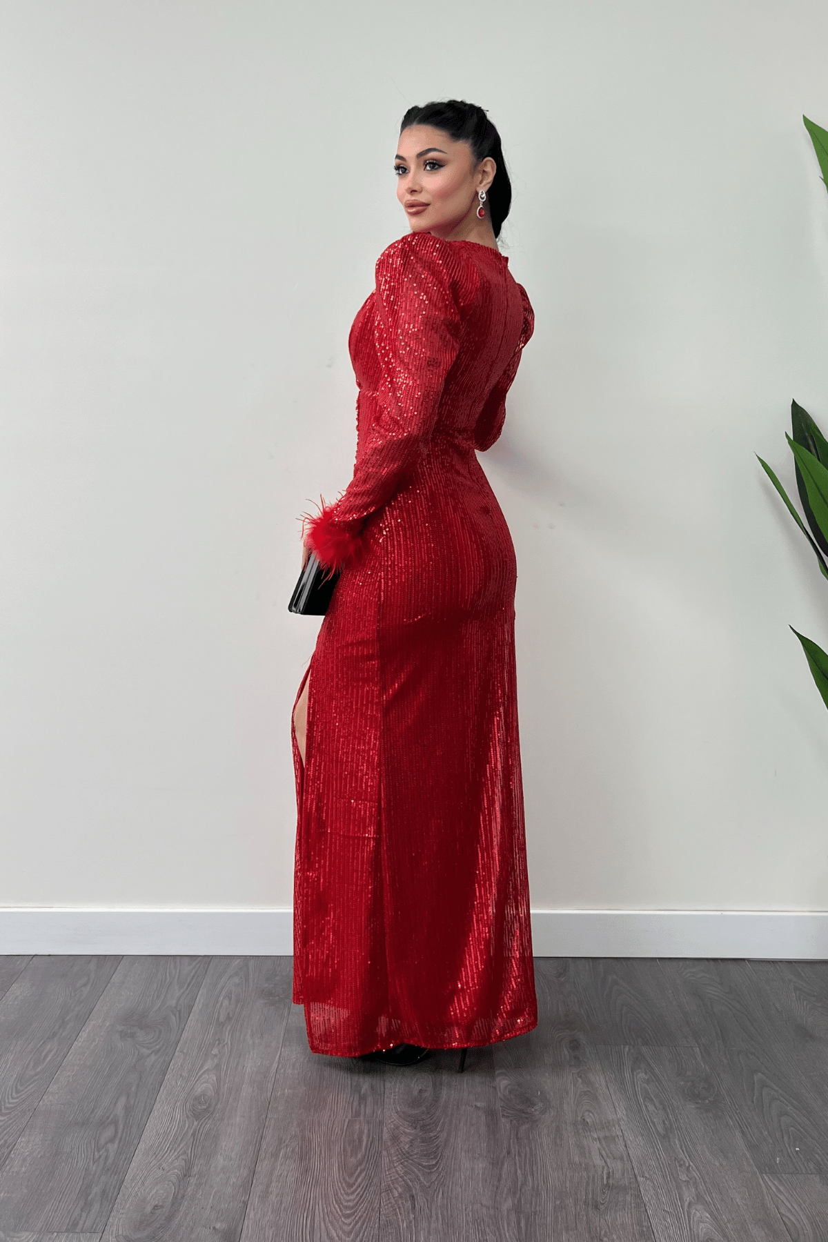 Pul Payet Kumaş Otriş Detaylı Abiye Elbise - KIRMIZI