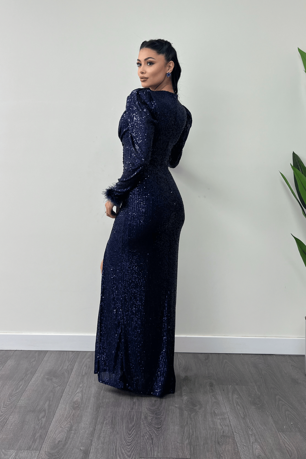 Pul Payet Kumaş Otriş Detaylı Abiye Elbise - LACİVERT