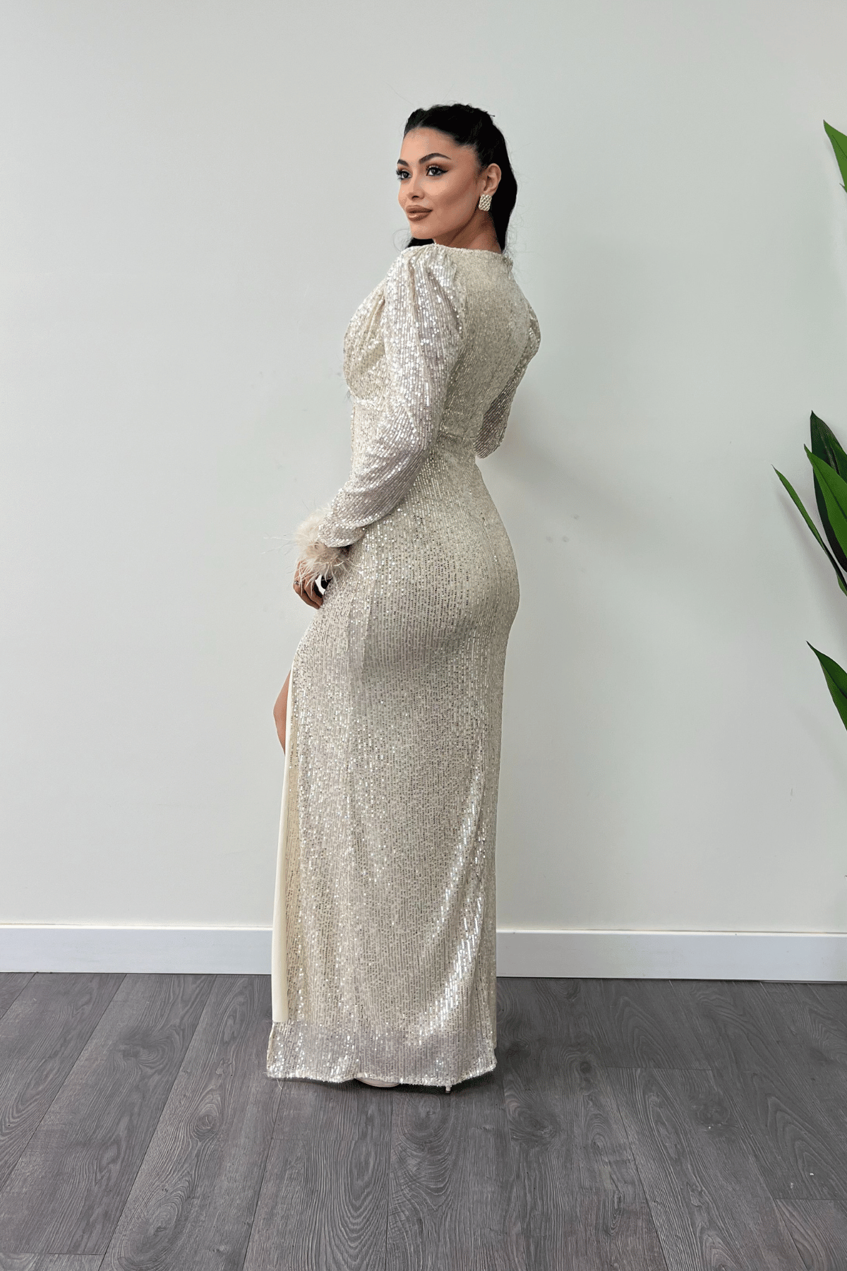 Pul Payet Kumaş Otriş Detaylı Abiye Elbise - GOLD