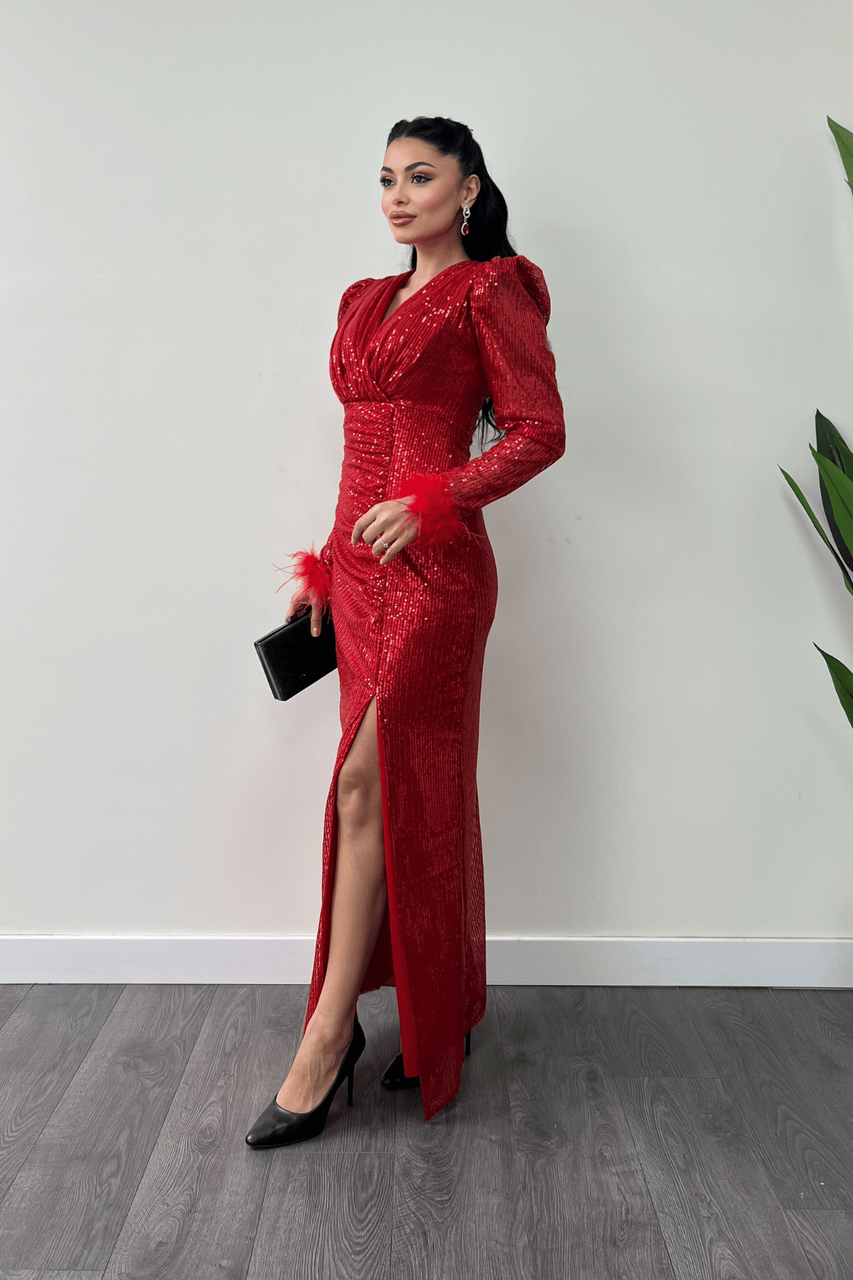 Pul Payet Kumaş Otriş Detaylı Abiye Elbise - KIRMIZI