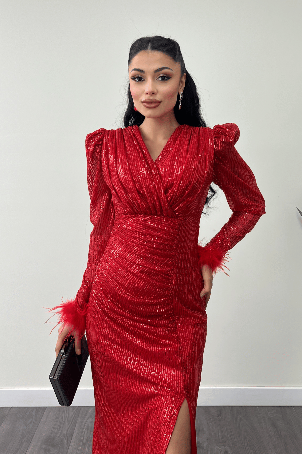 Pul Payet Kumaş Otriş Detaylı Abiye Elbise - KIRMIZI