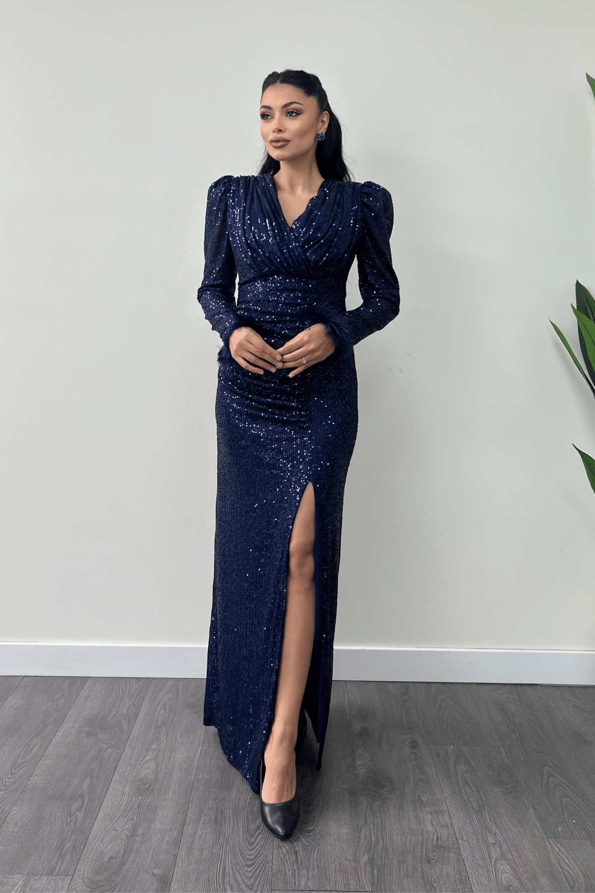 Pul Payet Kumaş Otriş Detaylı Abiye Elbise - LACİVERT