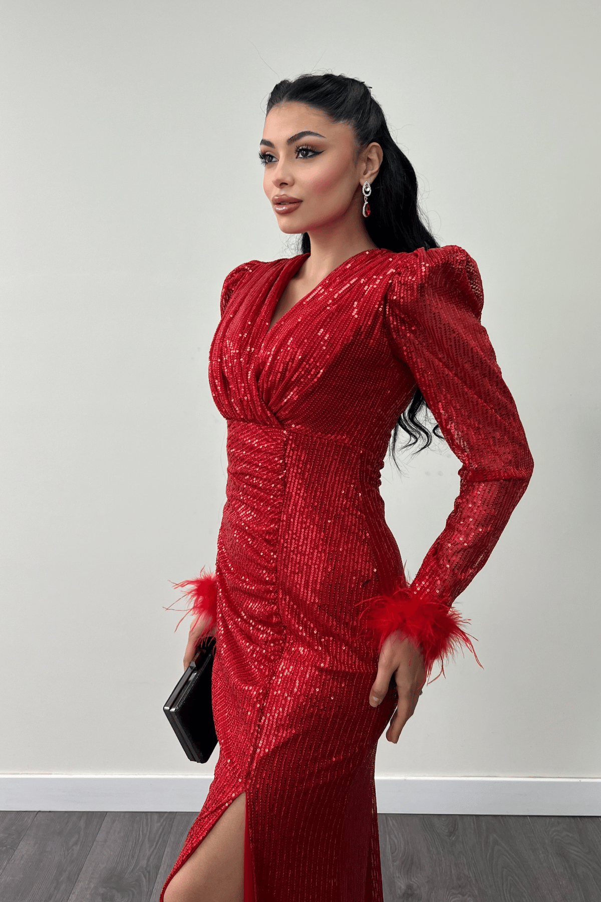 Pul Payet Kumaş Otriş Detaylı Abiye Elbise - KIRMIZI