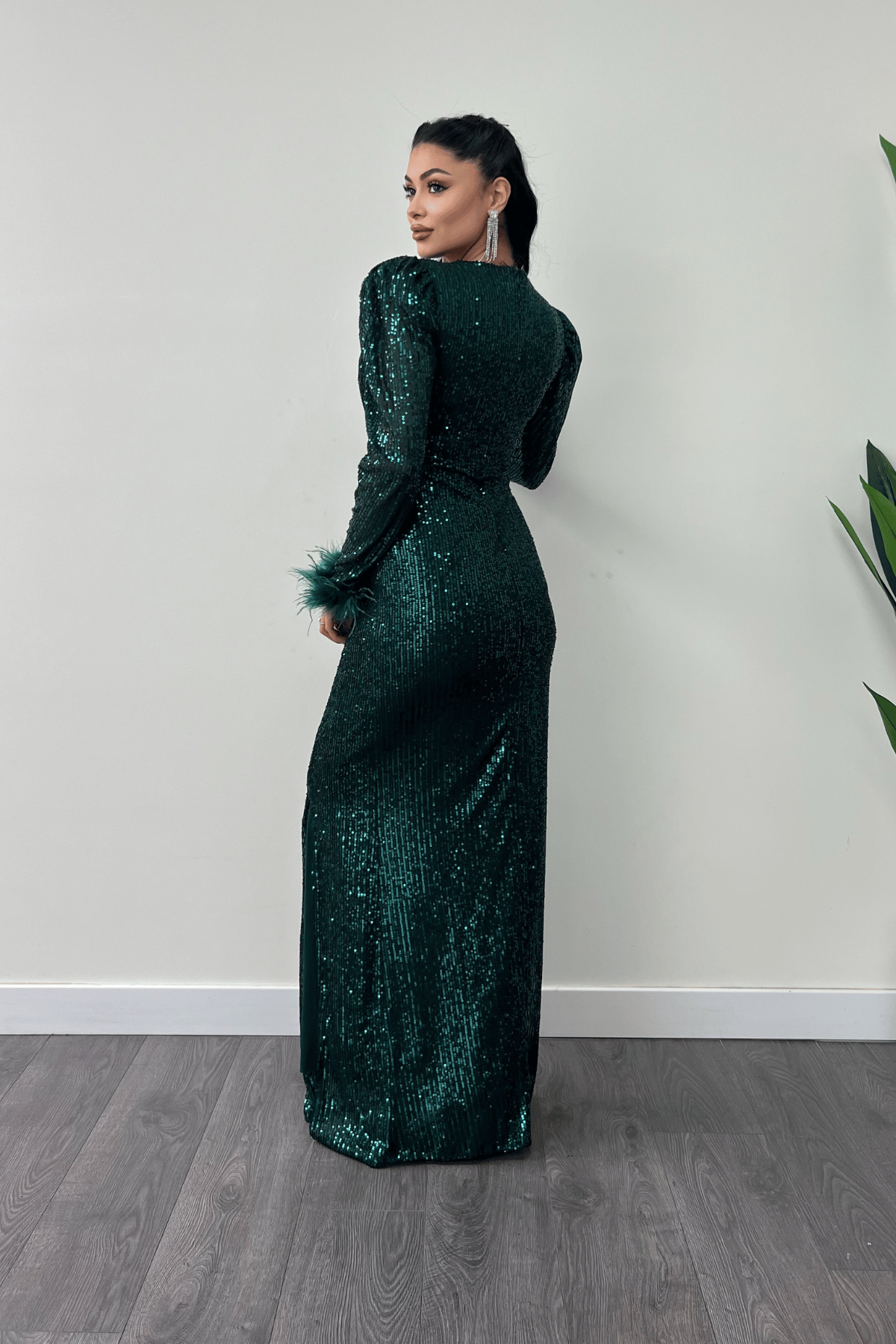 Pul Payet Kumaş Otriş Detaylı Abiye Elbise - ZÜMRÜT YEŞİL