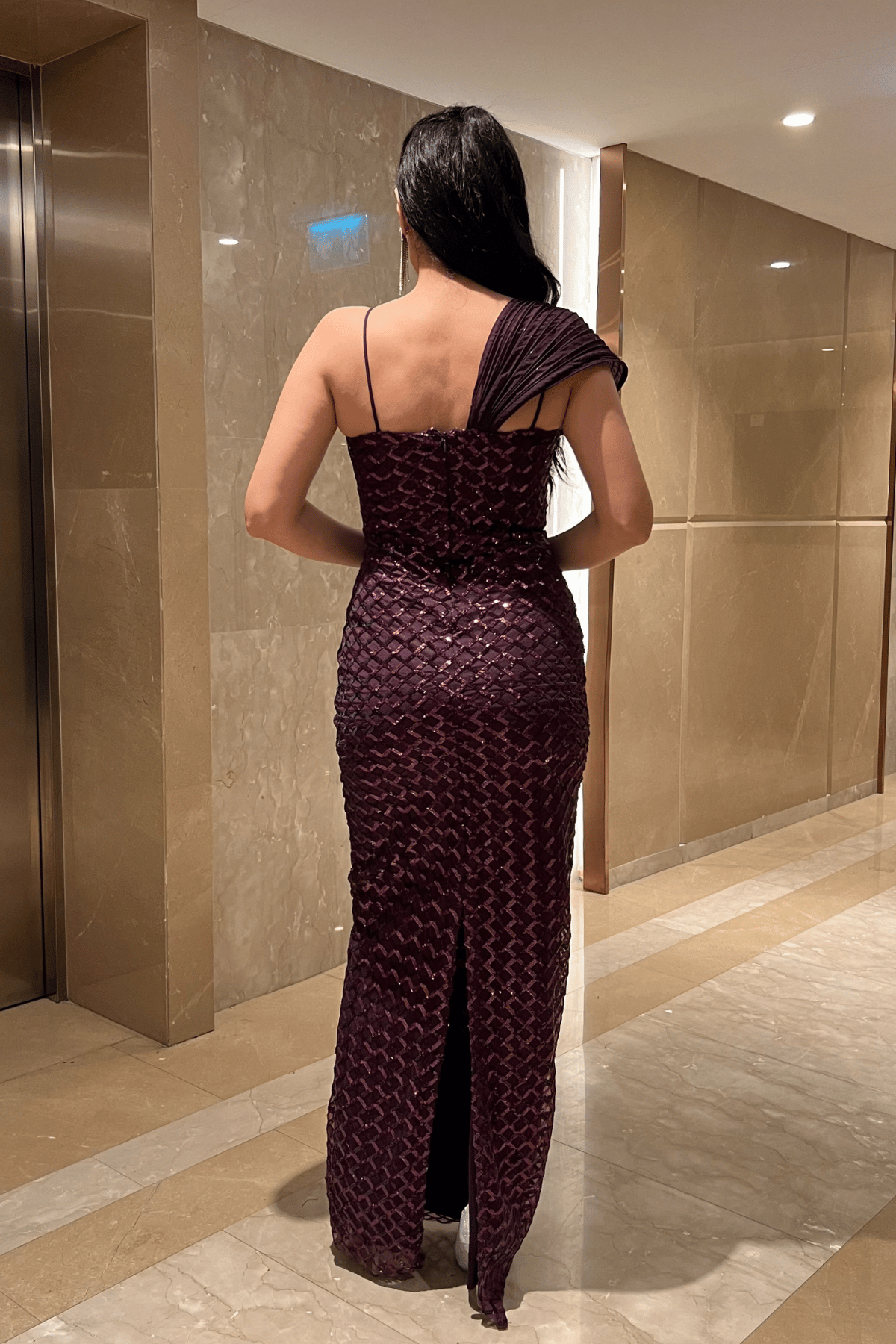 Pul Payet Kumaş Şal Detaylı Abiye Elbise - PATLICAN MOR