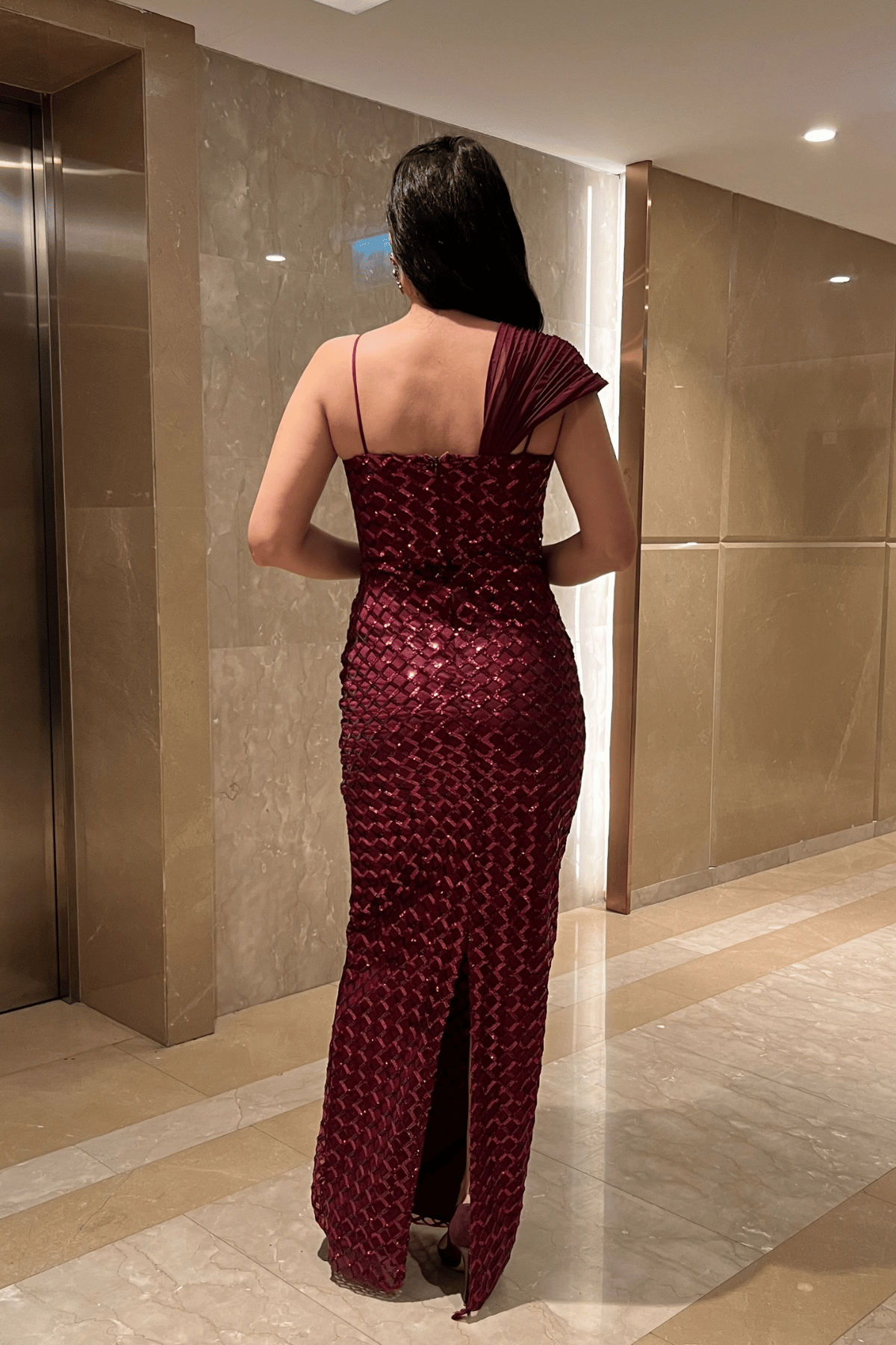 Pul Payet Kumaş Şal Detaylı Abiye Elbise - BORDO