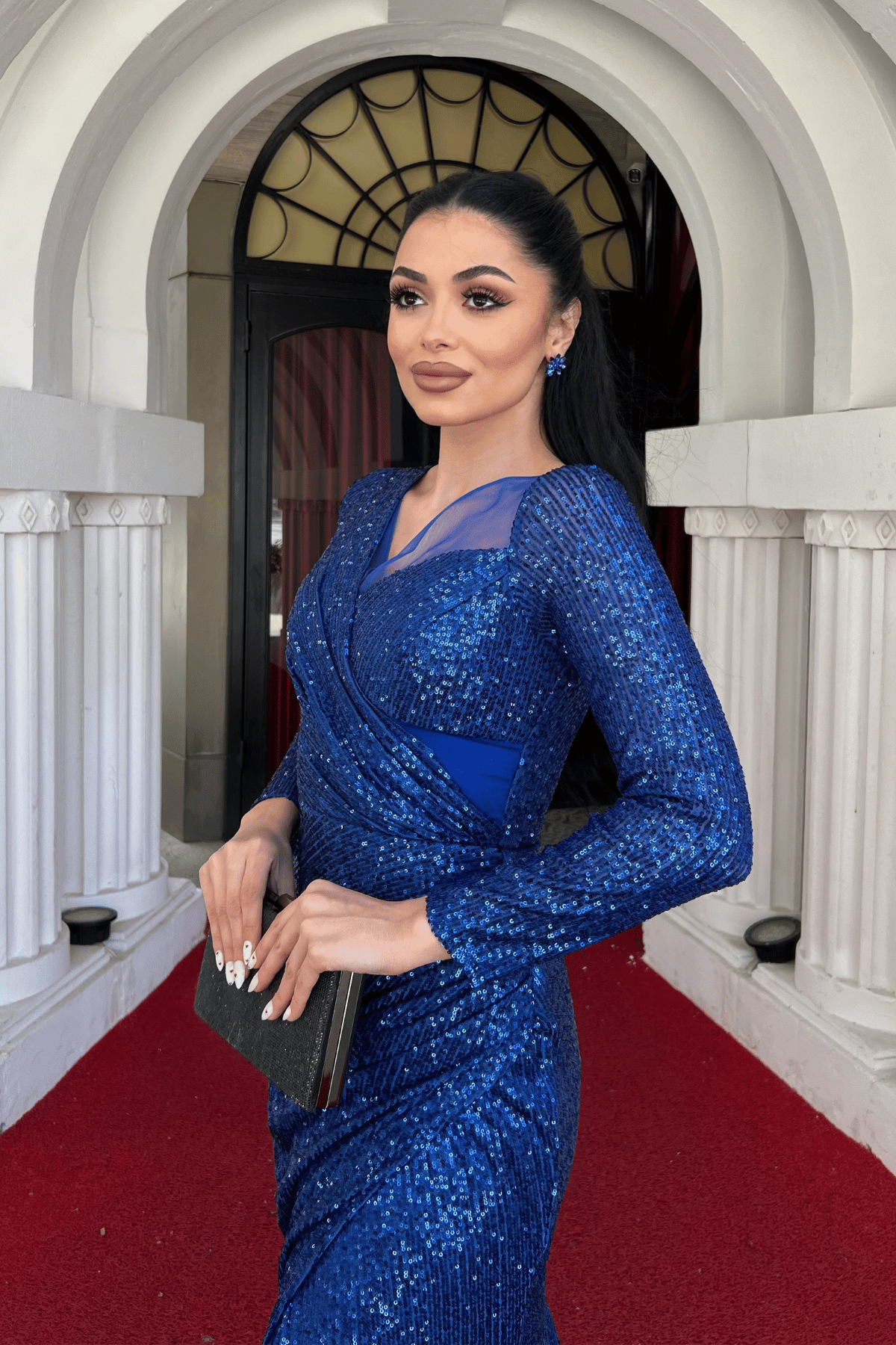 Pul Payet Kumaş Tasarım Büzgü Detaylı Elbise - SAKS MAVİ