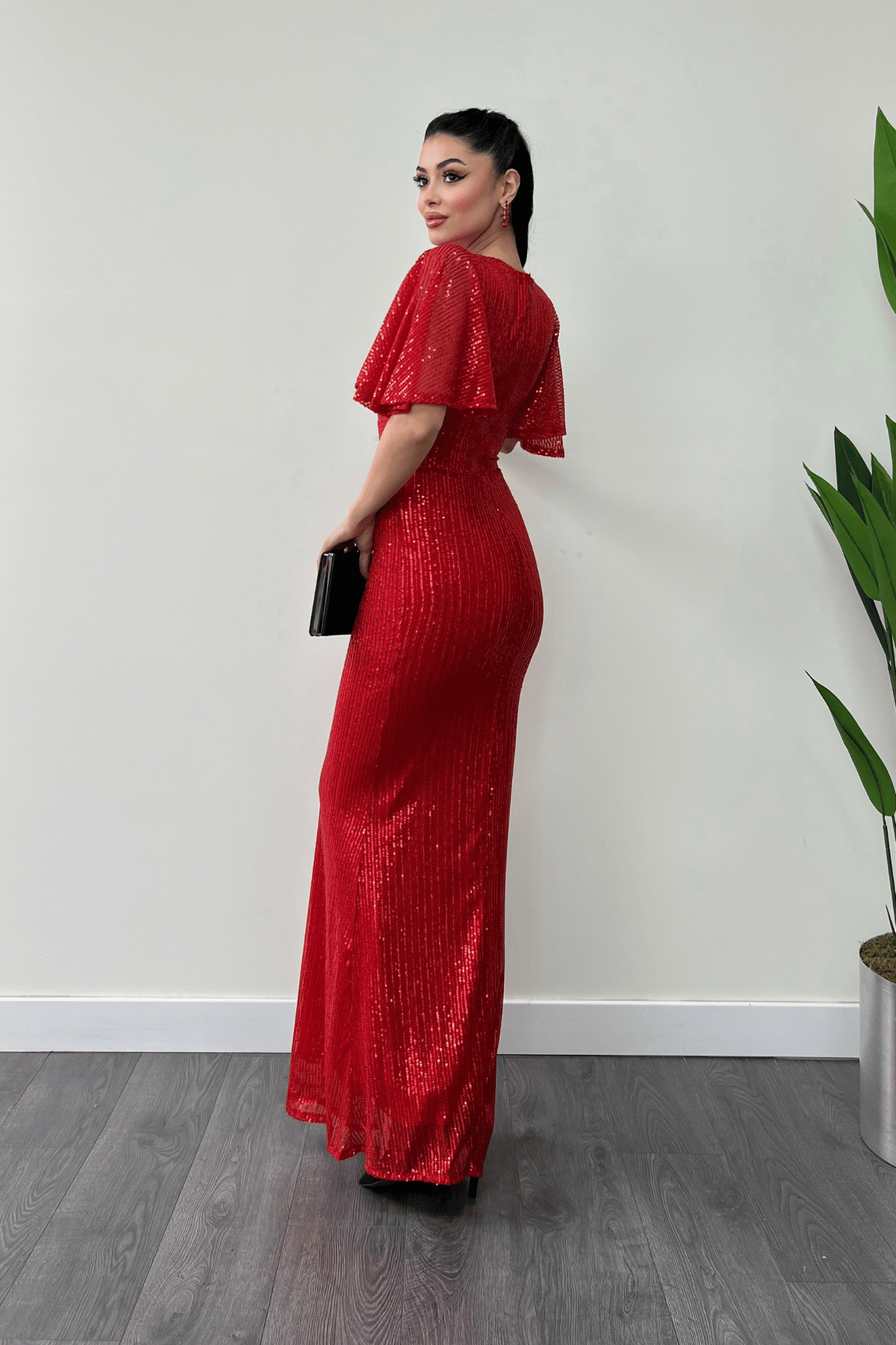 Pul Payet Kumaş V Yaka Abiye Elbise - KIRMIZI