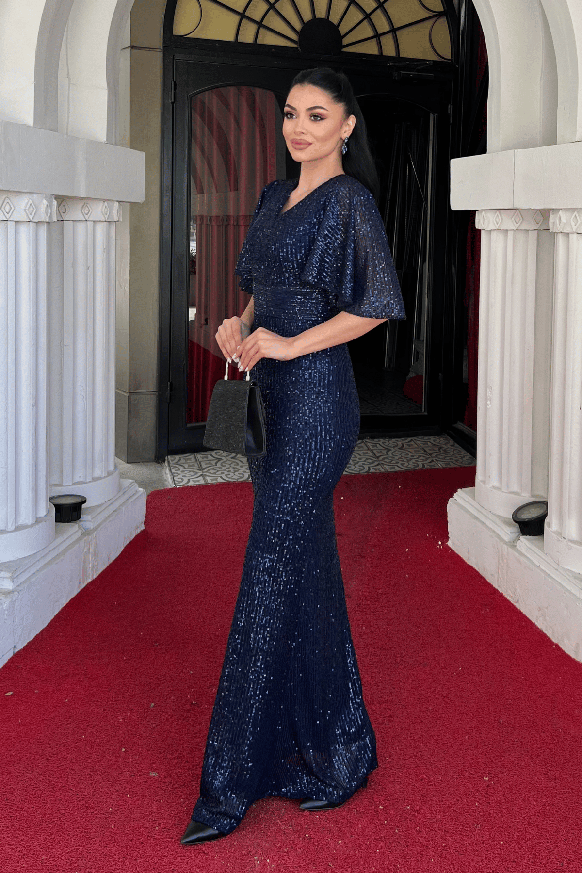 Pul Payet Kumaş V Yaka Abiye Elbise - LACİVERT